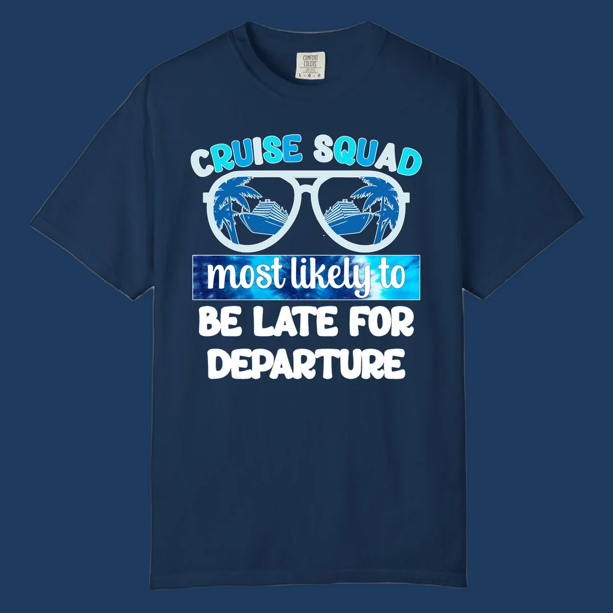 Cruise squad most likely late design with oversized sunglasses reflecting palm trees and cruise ships