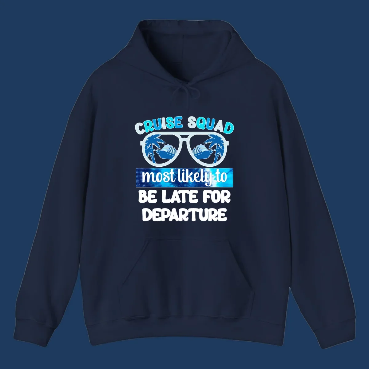 Cruise squad most likely late design with oversized sunglasses reflecting palm trees and cruise ships