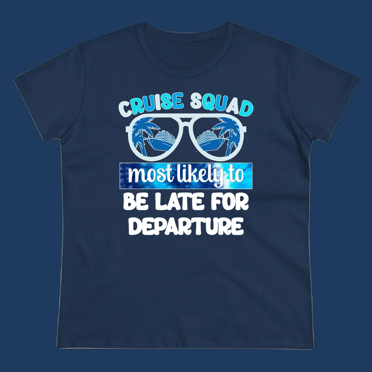 Cruise squad most likely late design with oversized sunglasses reflecting palm trees and cruise ships