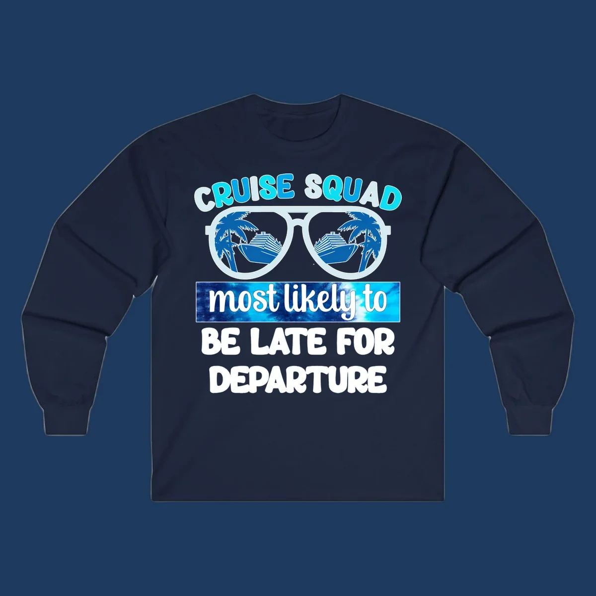 Cruise squad most likely late design with oversized sunglasses reflecting palm trees and cruise ships