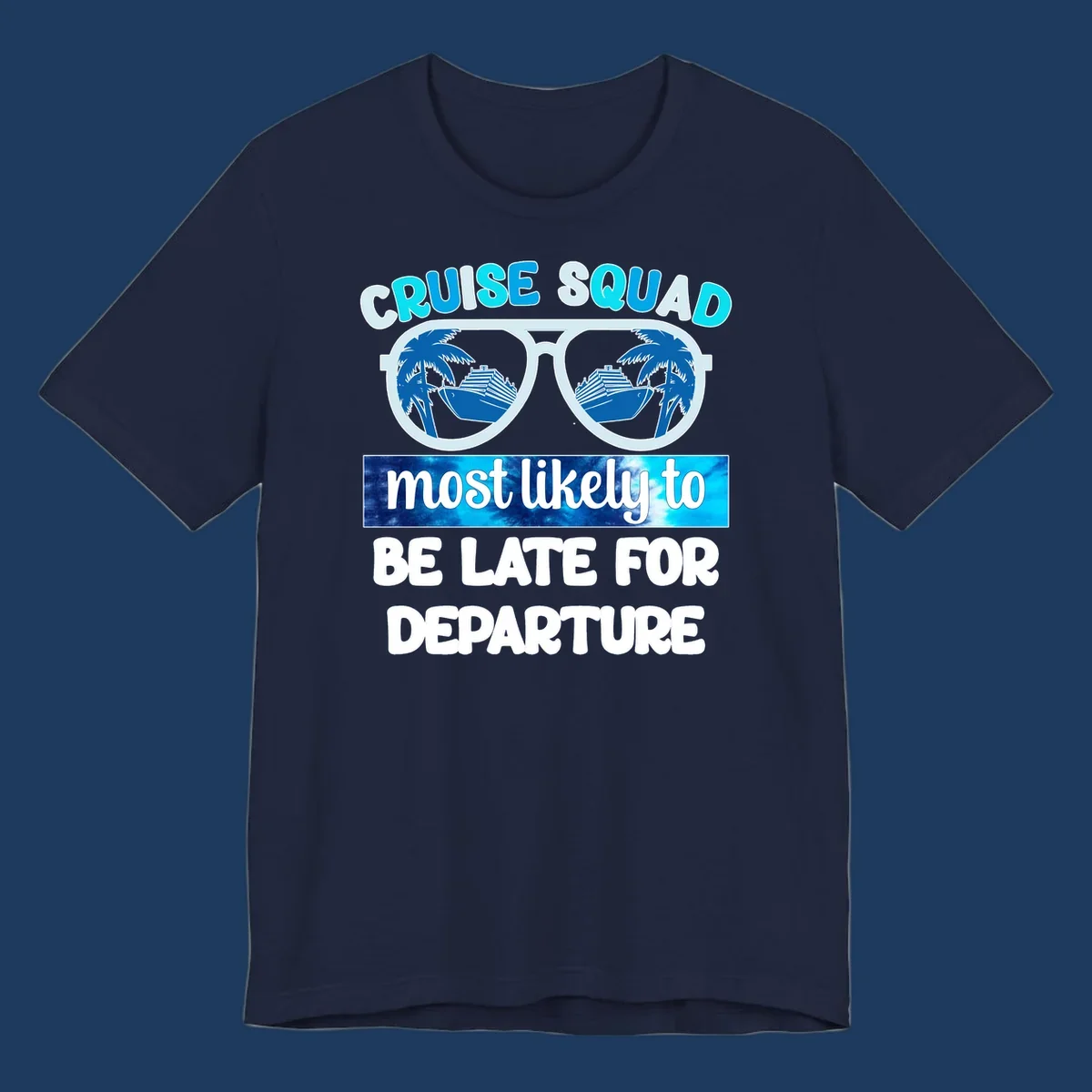 Cruise squad most likely late design with oversized sunglasses reflecting palm trees and cruise ships