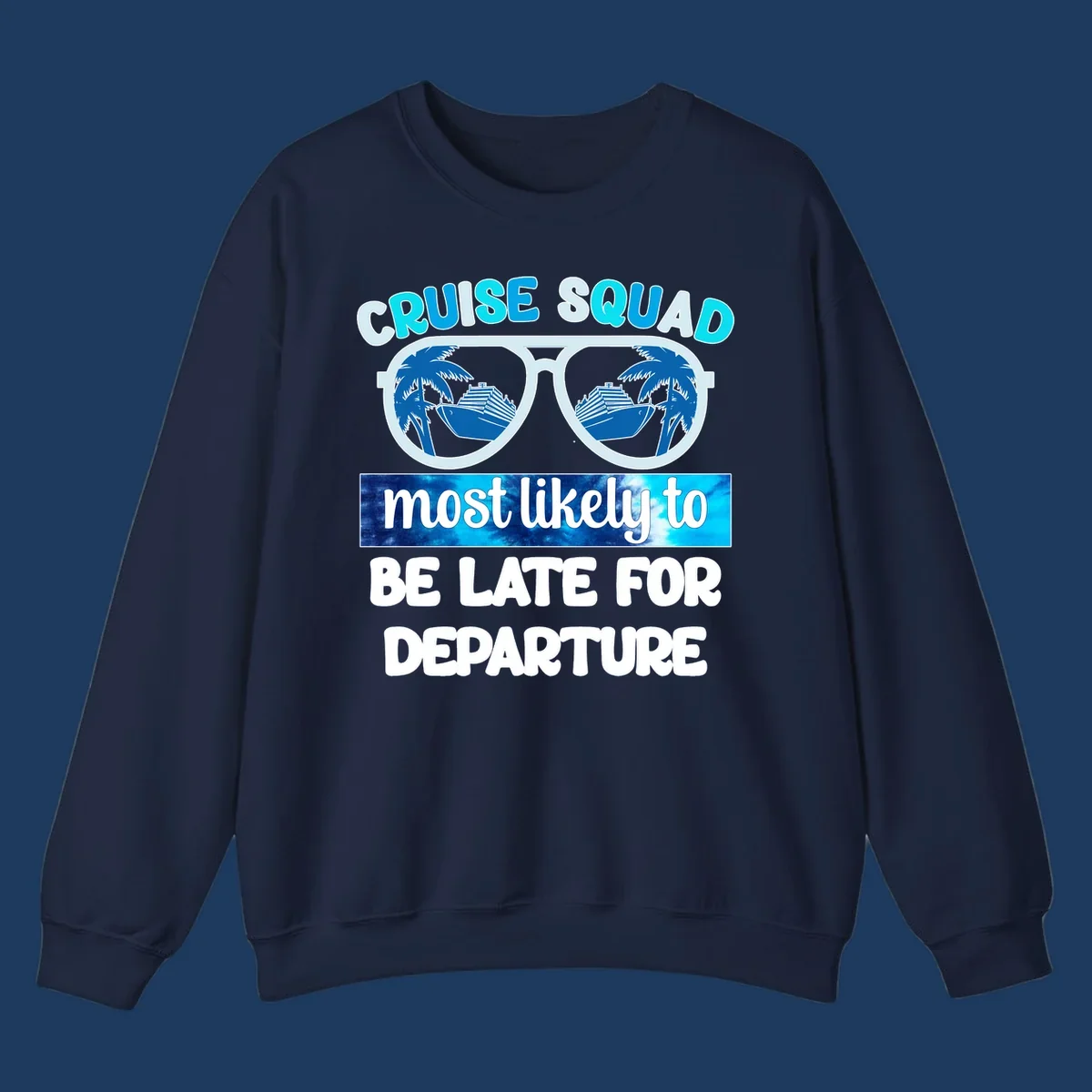 Cruise squad most likely late design with oversized sunglasses reflecting palm trees and cruise ships