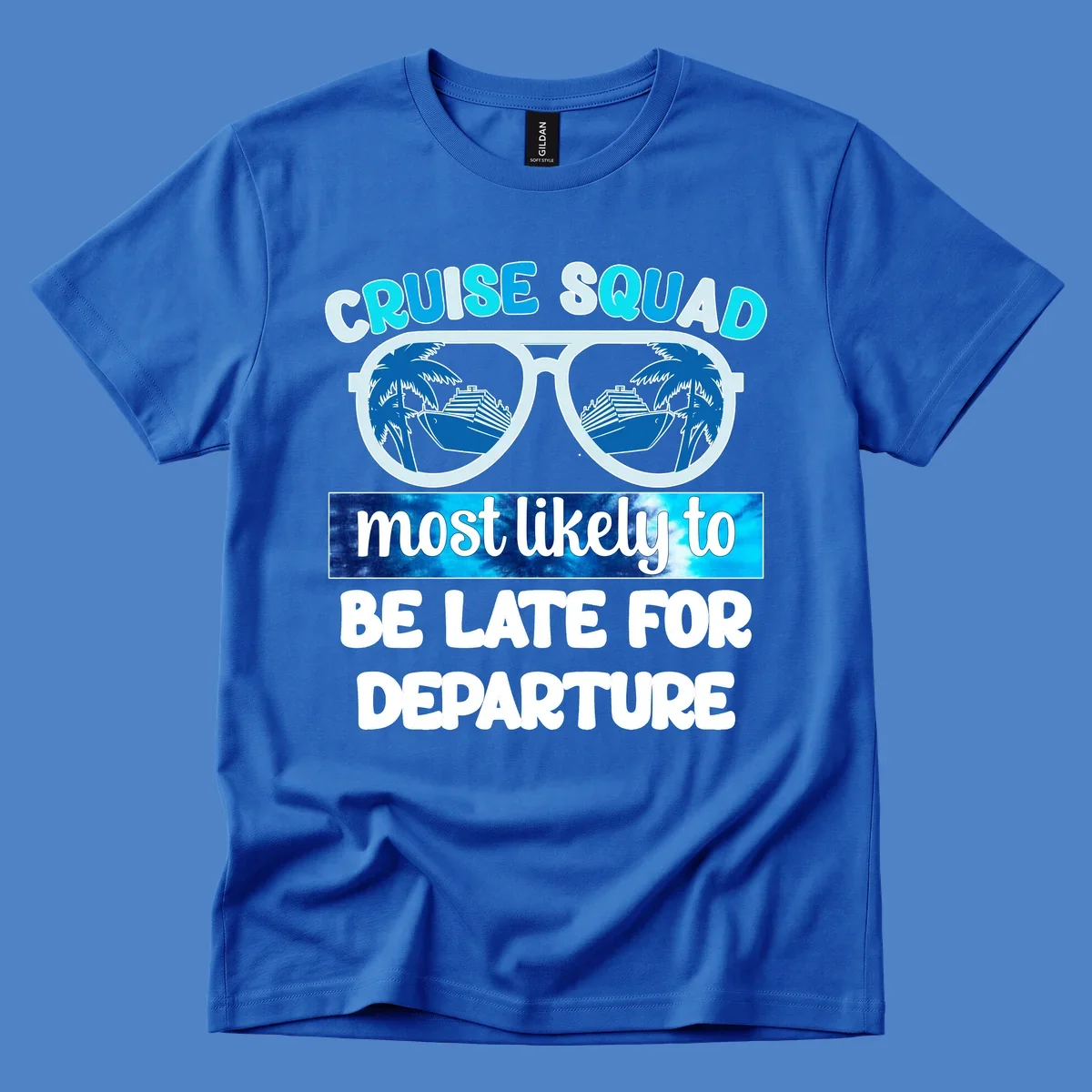 Cruise squad most likely late design with oversized sunglasses reflecting palm trees and cruise ships