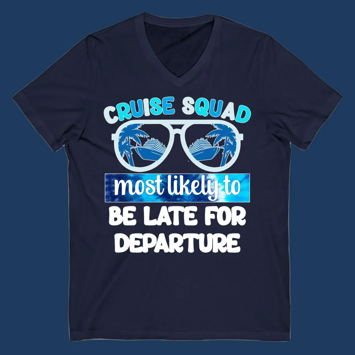 Cruise squad most likely late design with oversized sunglasses reflecting palm trees and cruise ships