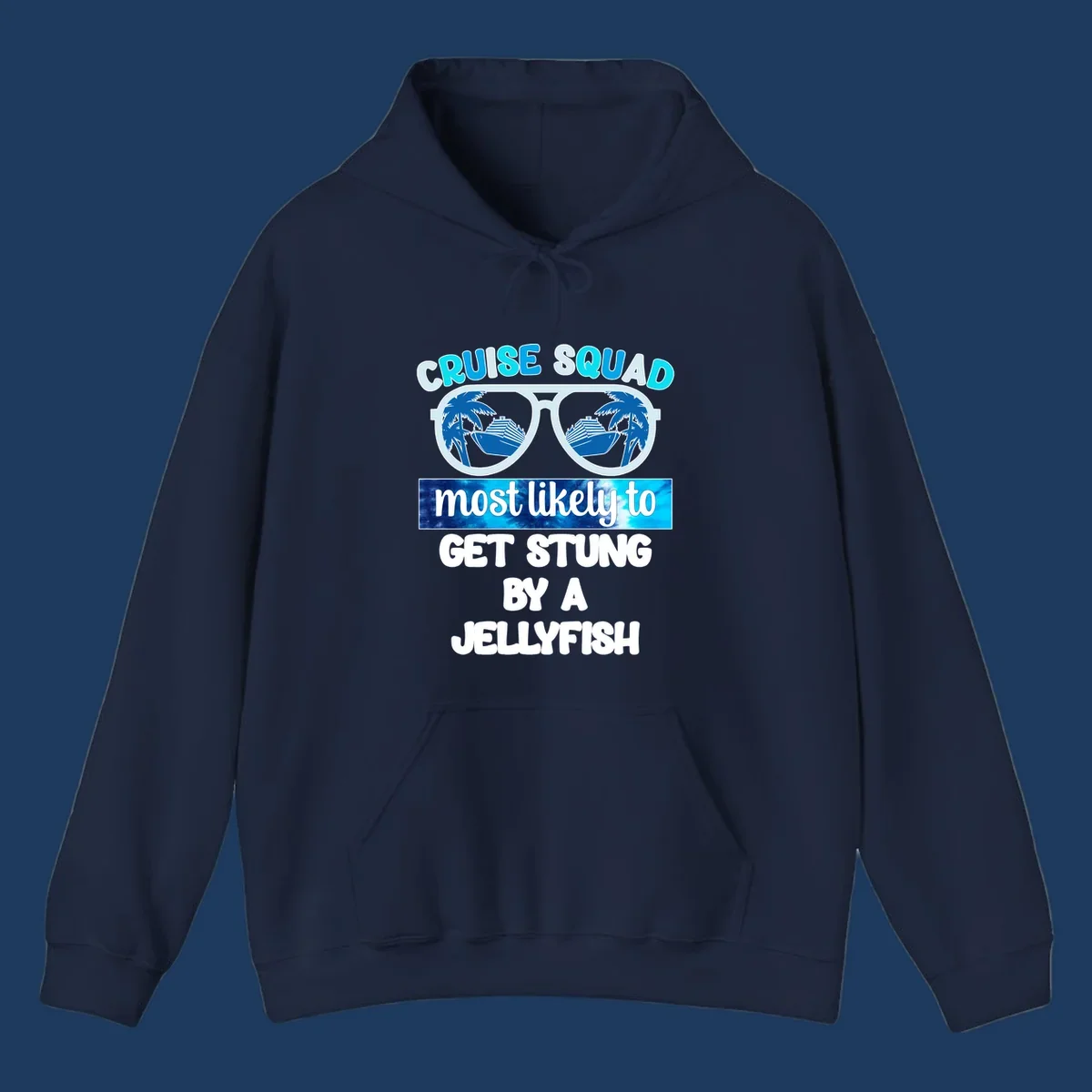 Cruise squad jellyfish stung design with oversized sunglasses containing cruise ships and palm trees, bold text humor