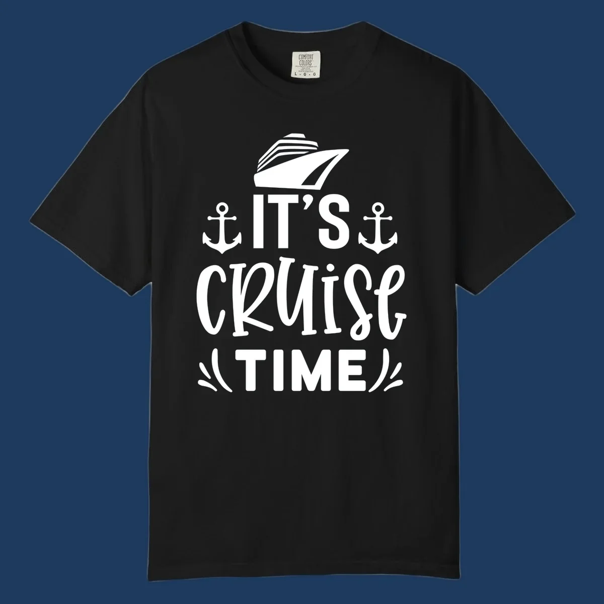 White nautical design with 'IT'S CRUISE TIME' text, cruise ship illustration, and anchor symbols on gray background