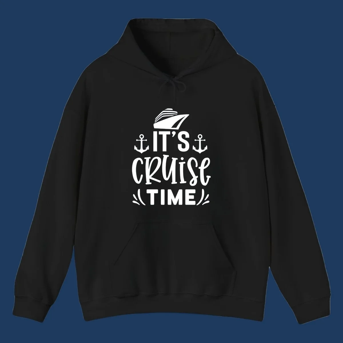 White nautical design with 'IT'S CRUISE TIME' text, cruise ship illustration, and anchor symbols on gray background
