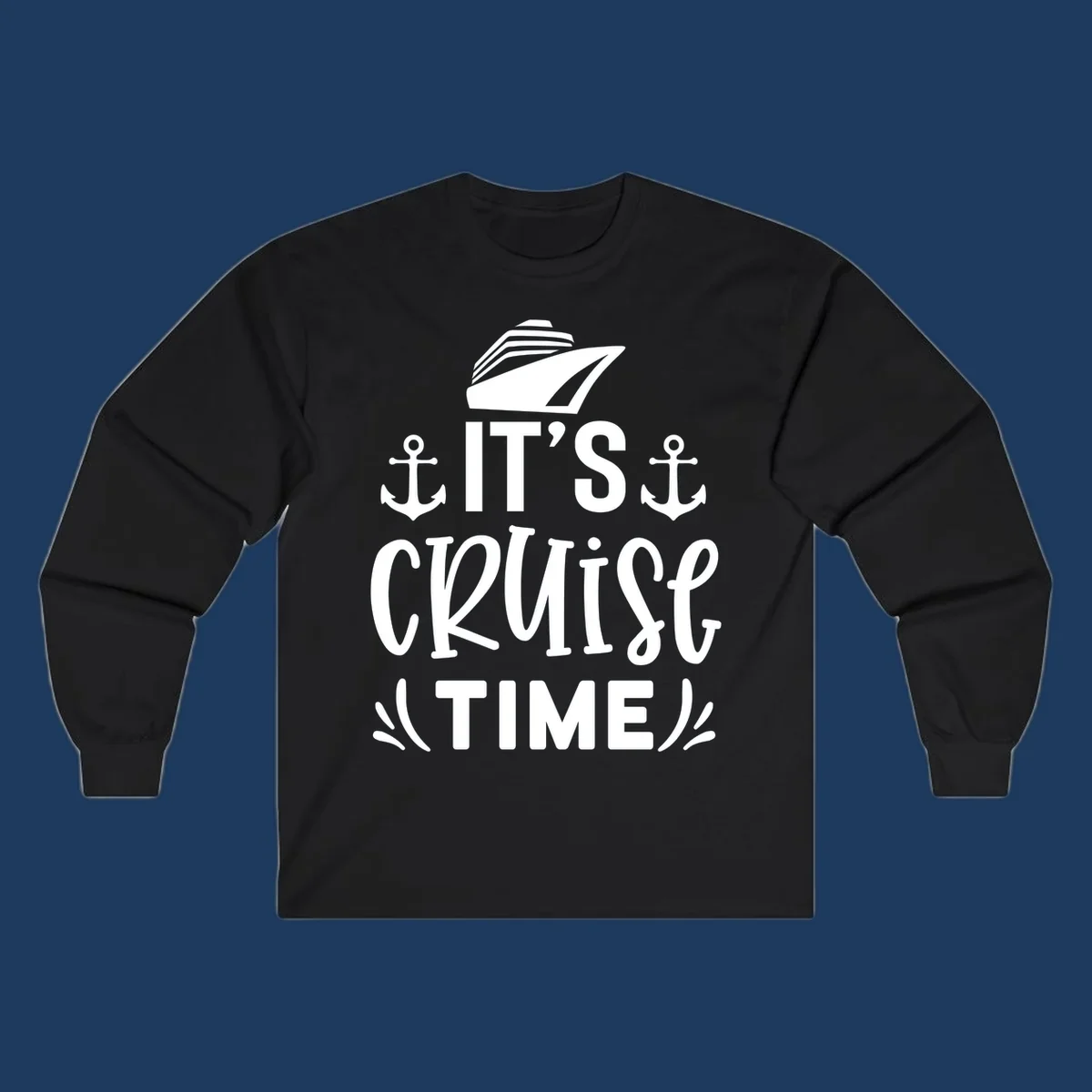 White nautical design with 'IT'S CRUISE TIME' text, cruise ship illustration, and anchor symbols on gray background