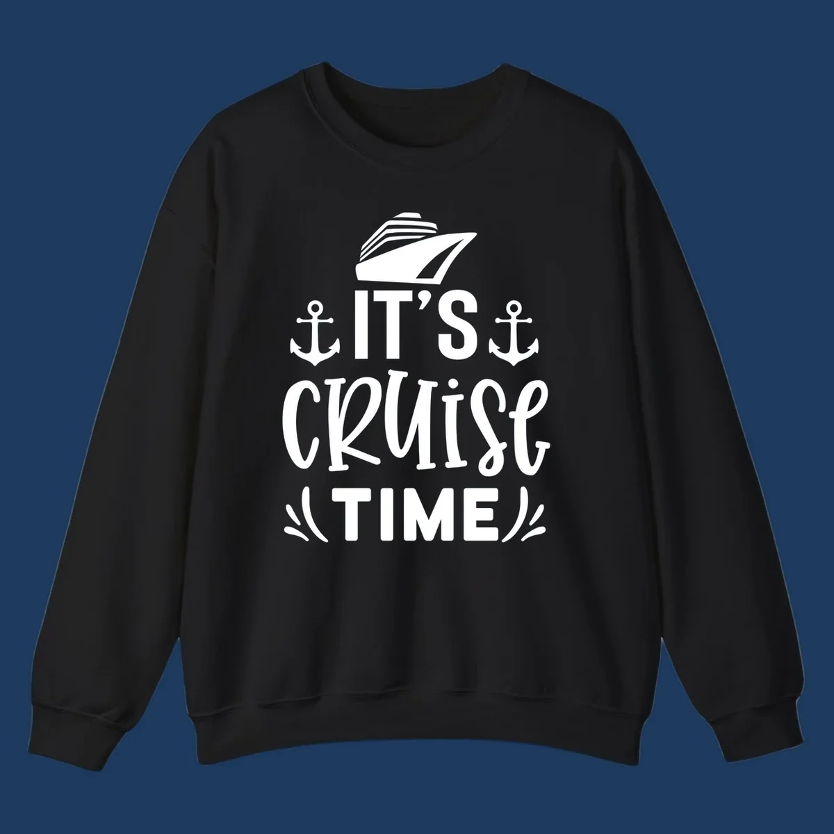 White nautical design with 'IT'S CRUISE TIME' text, cruise ship illustration, and anchor symbols on gray background