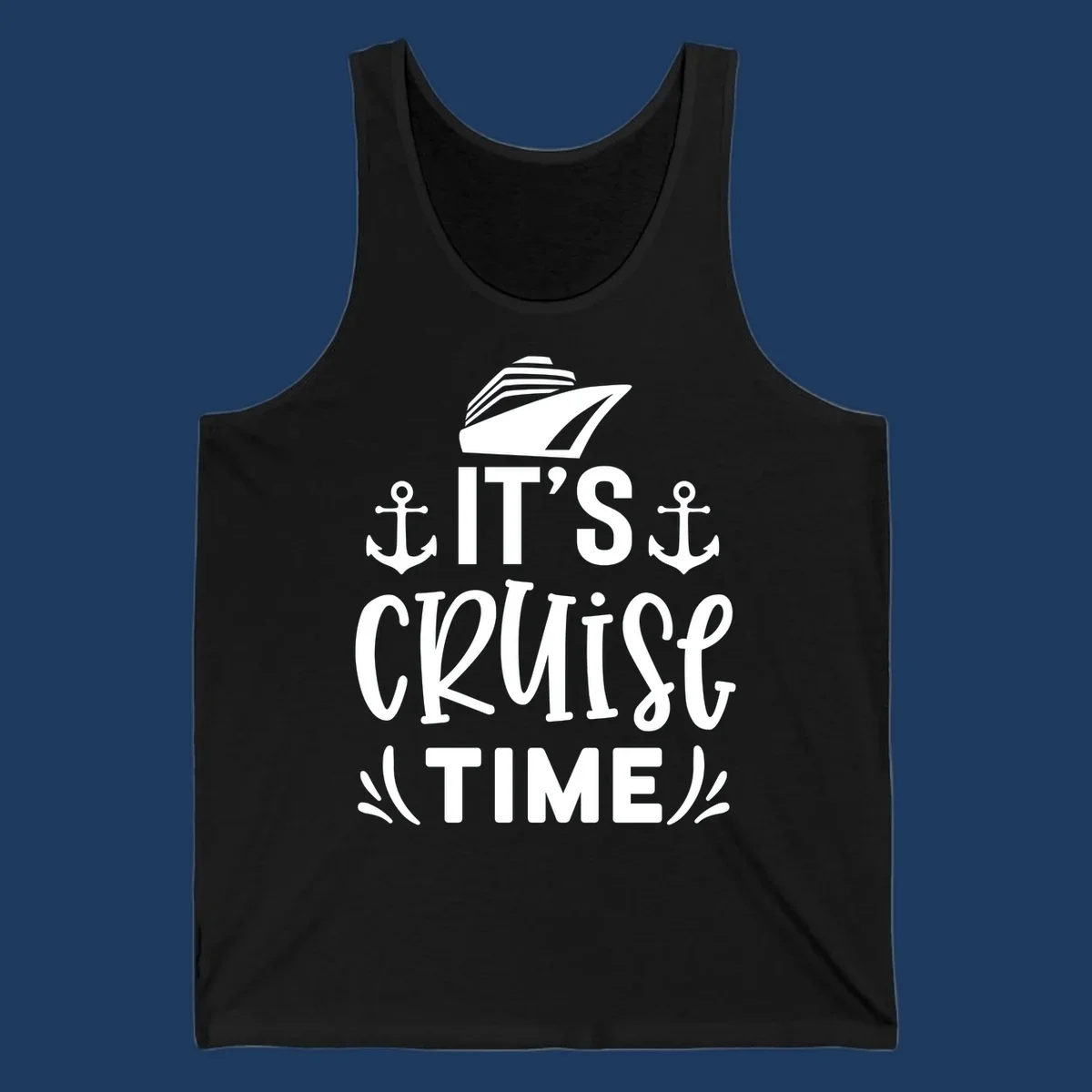 White nautical design with 'IT'S CRUISE TIME' text, cruise ship illustration, and anchor symbols on gray background