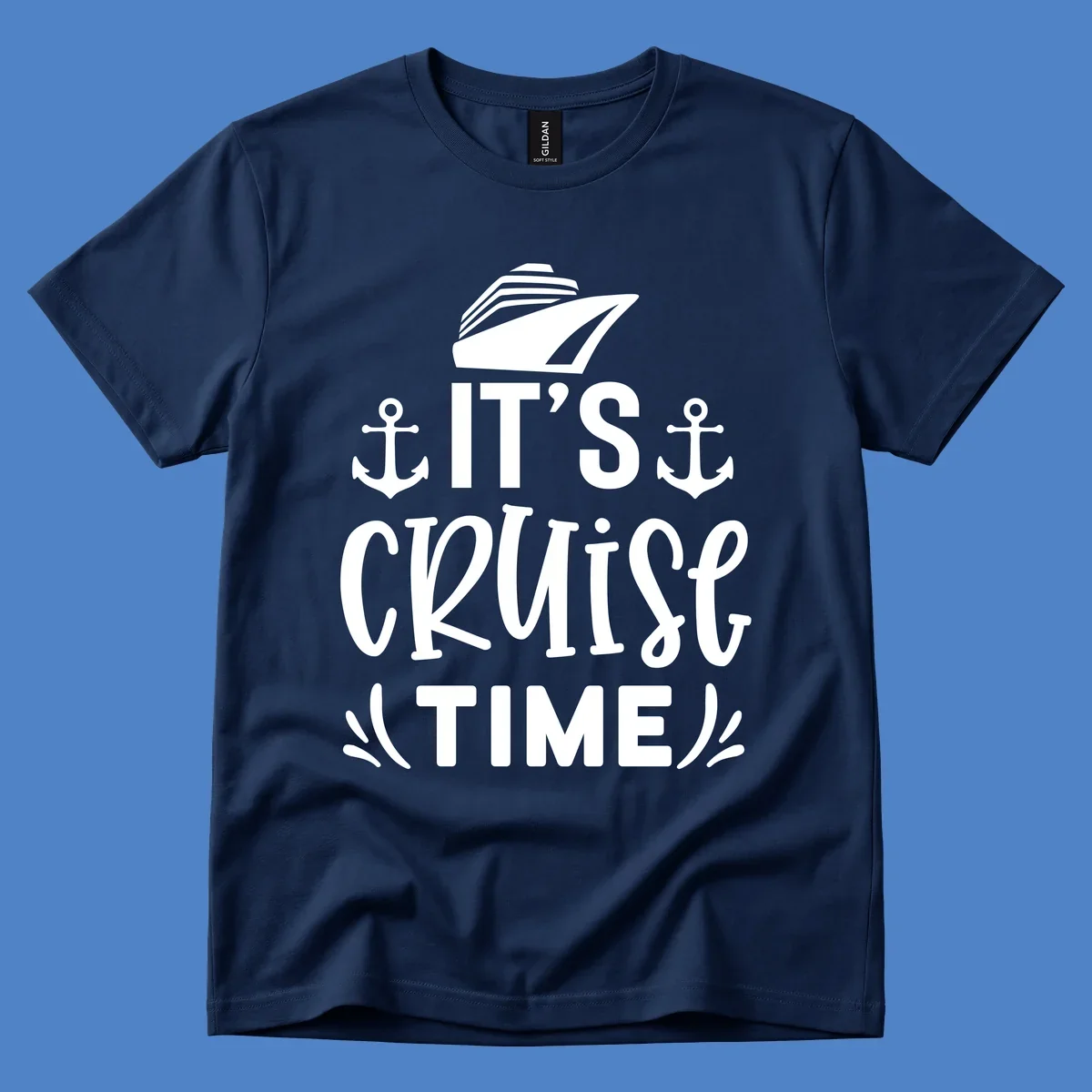 White nautical design with 'IT'S CRUISE TIME' text, cruise ship illustration, and anchor symbols on gray background