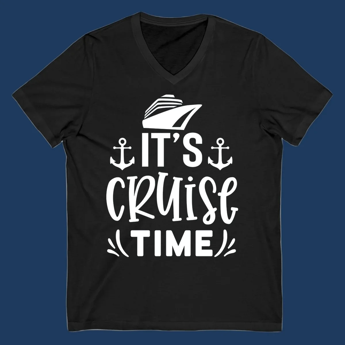 White nautical design with 'IT'S CRUISE TIME' text, cruise ship illustration, and anchor symbols on gray background