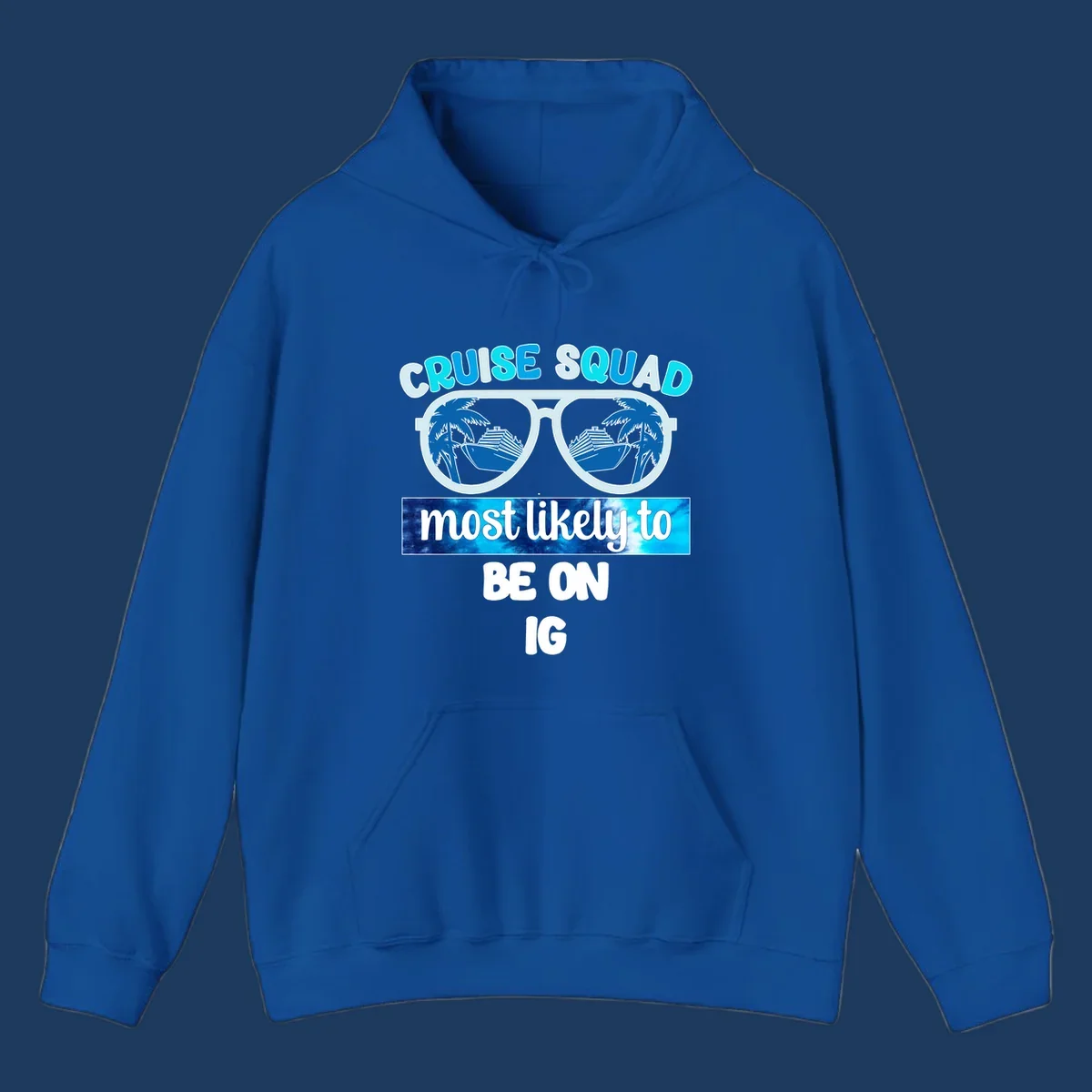 Cruise squad sunglasses design with ship and palm tree reflections, Instagram caption text