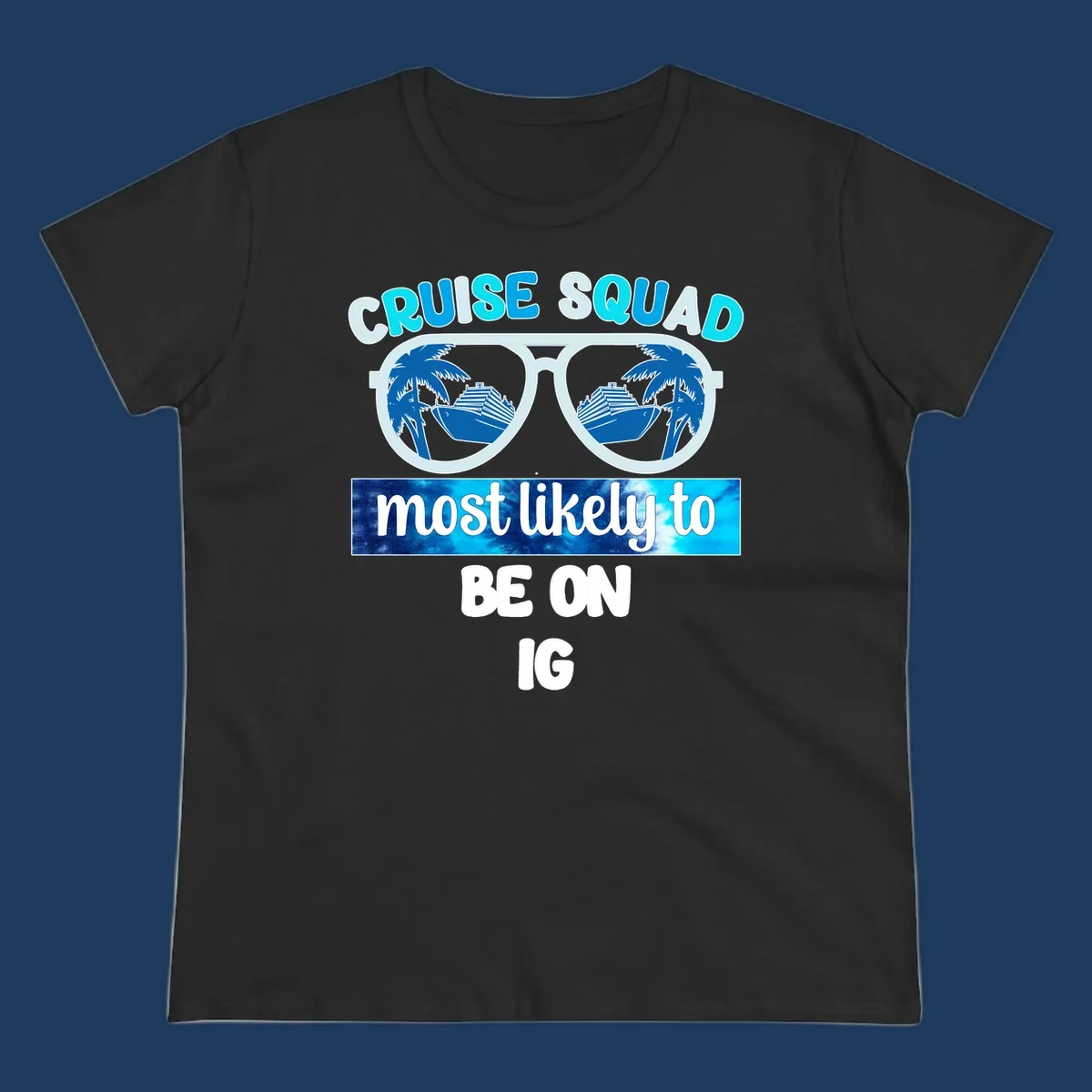 Cruise squad sunglasses design with ship and palm tree reflections, Instagram caption text