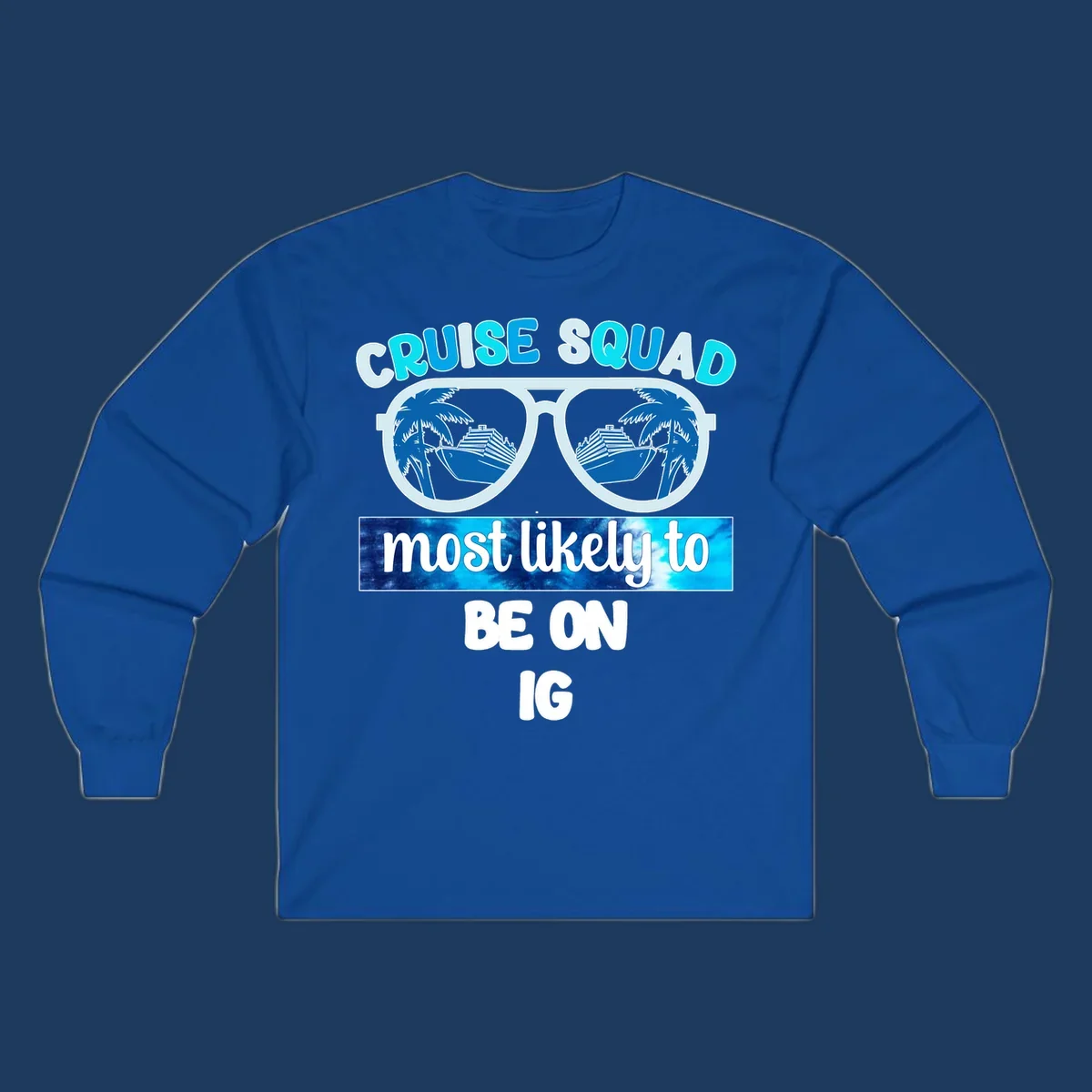 Cruise squad sunglasses design with ship and palm tree reflections, Instagram caption text
