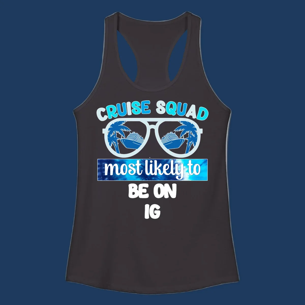 Cruise squad sunglasses design with ship and palm tree reflections, Instagram caption text