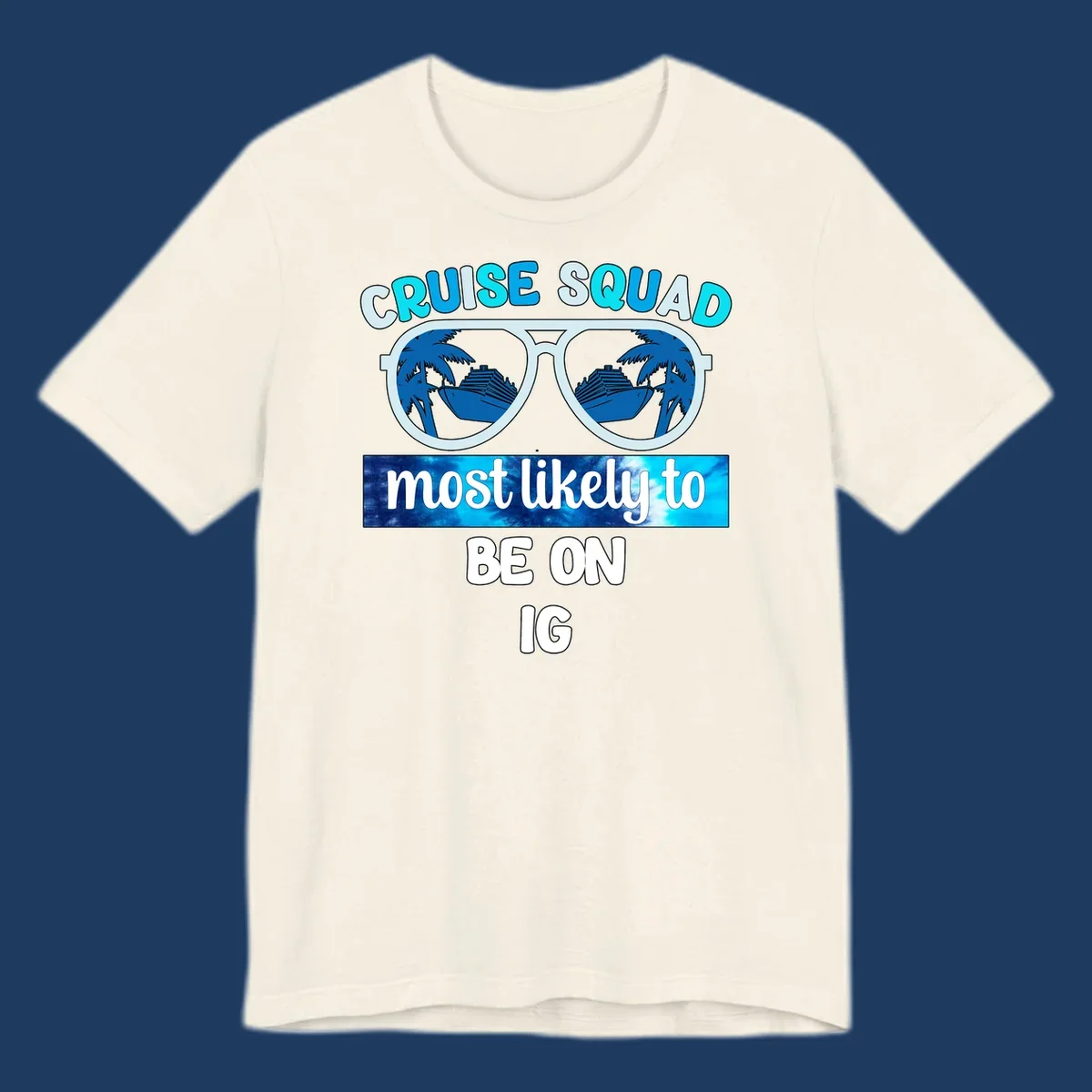Cruise squad sunglasses design with ship and palm tree reflections, Instagram caption text