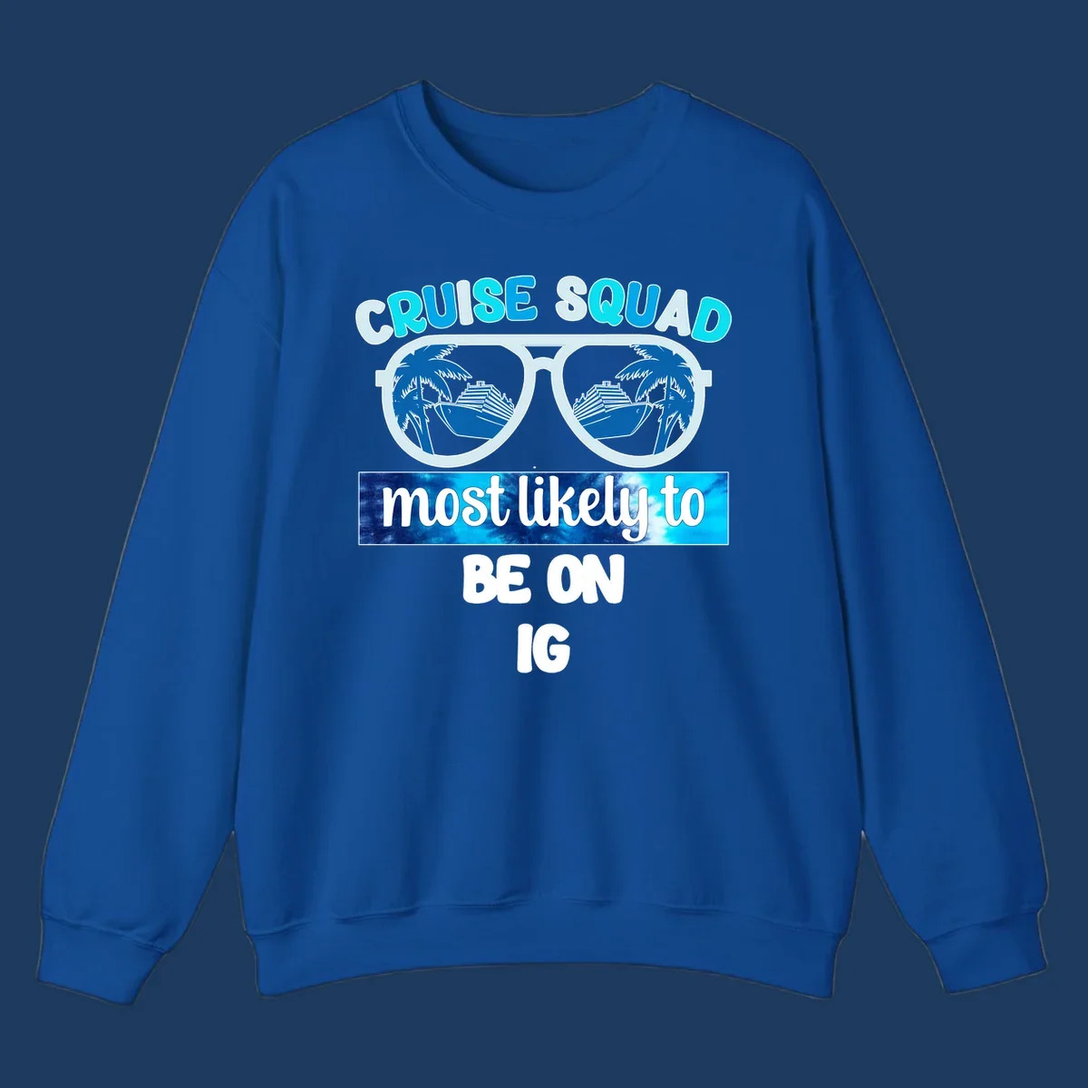 Cruise squad sunglasses design with ship and palm tree reflections, Instagram caption text