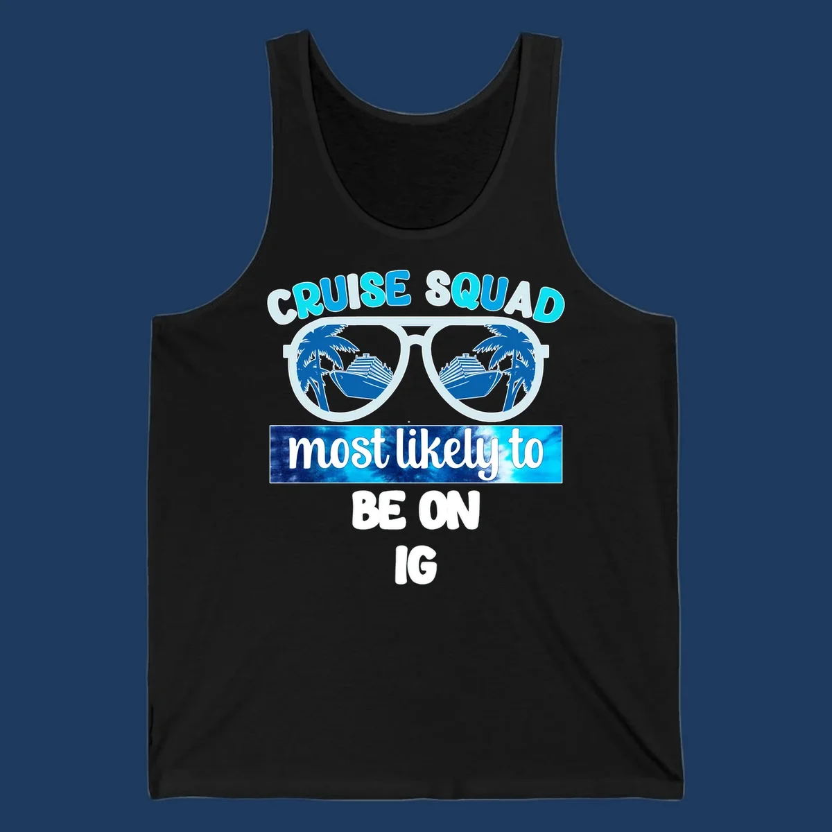 Cruise squad sunglasses design with ship and palm tree reflections, Instagram caption text