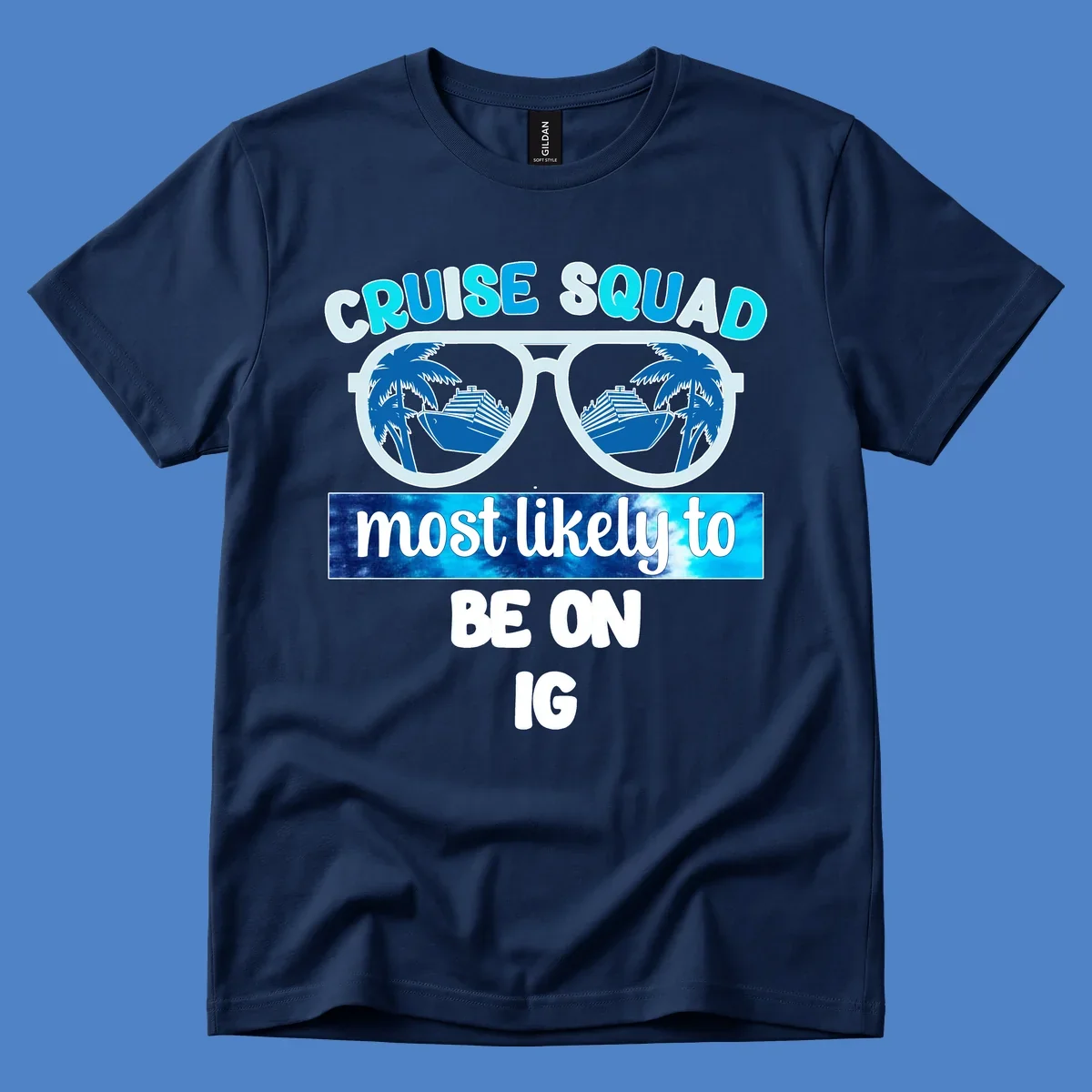 Cruise squad sunglasses design with ship and palm tree reflections, Instagram caption text
