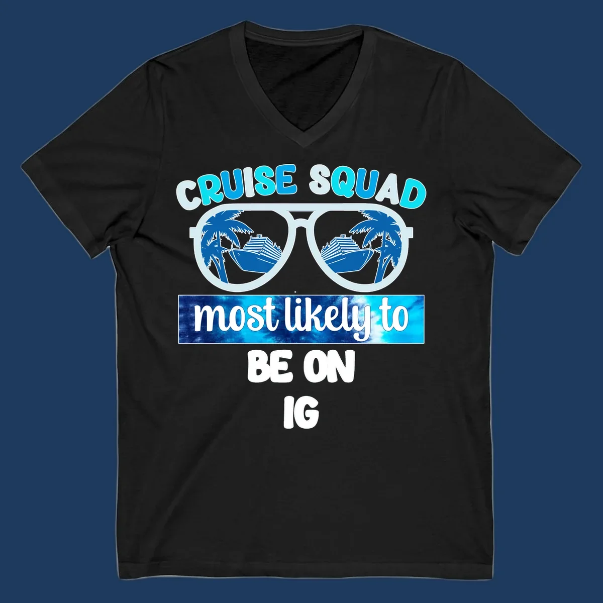 Cruise squad sunglasses design with ship and palm tree reflections, Instagram caption text