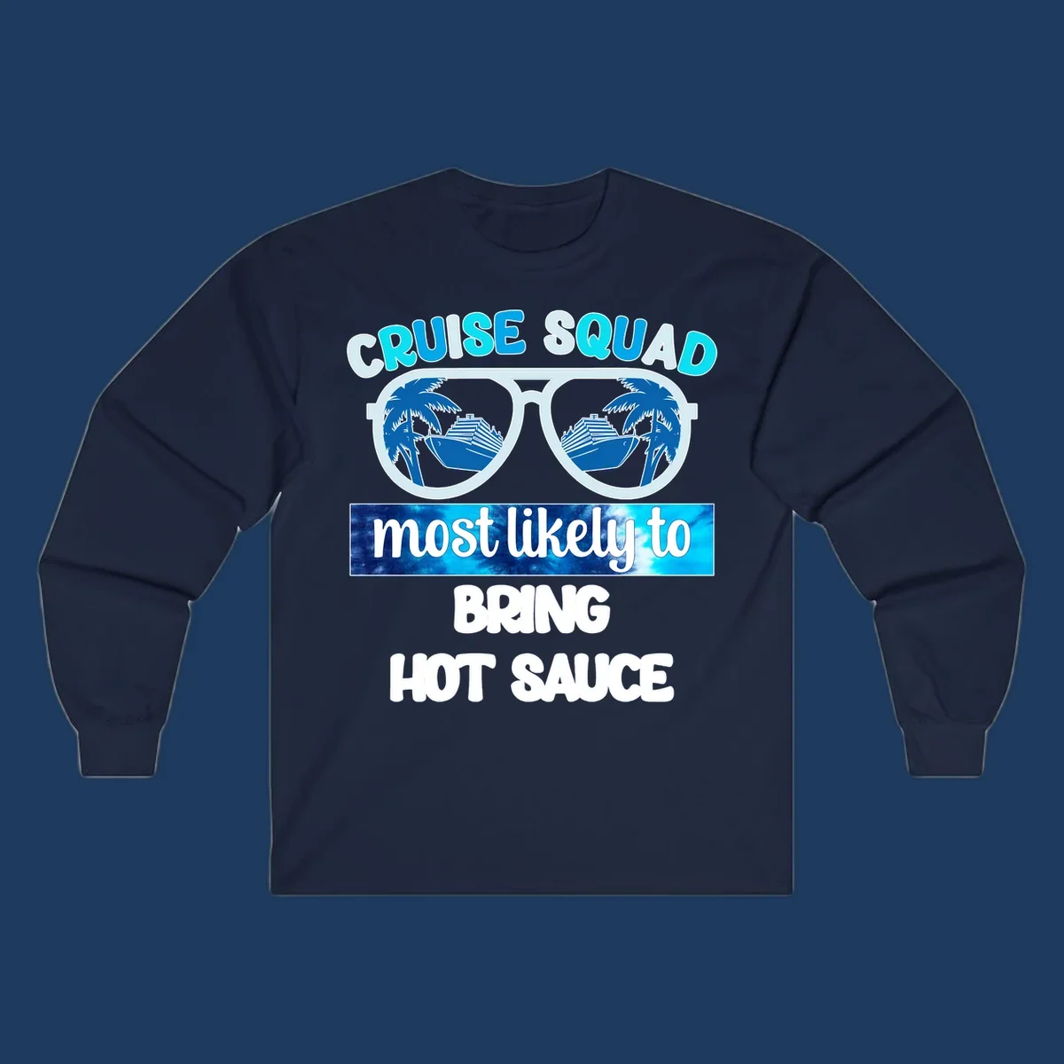 Cruise squad hot sauce design with oversized sunglasses reflecting palm trees and cruise ships