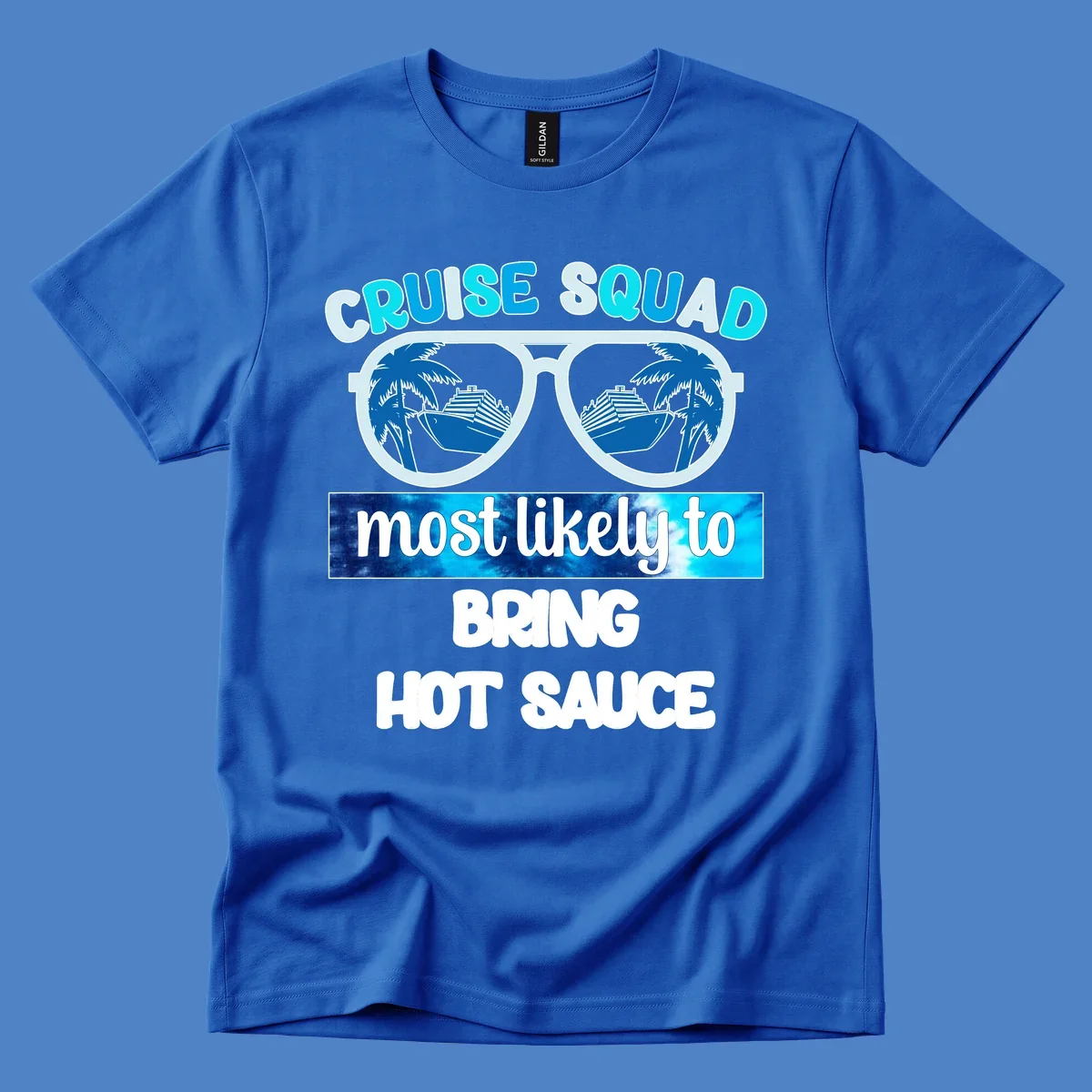 Cruise squad hot sauce design with oversized sunglasses reflecting palm trees and cruise ships