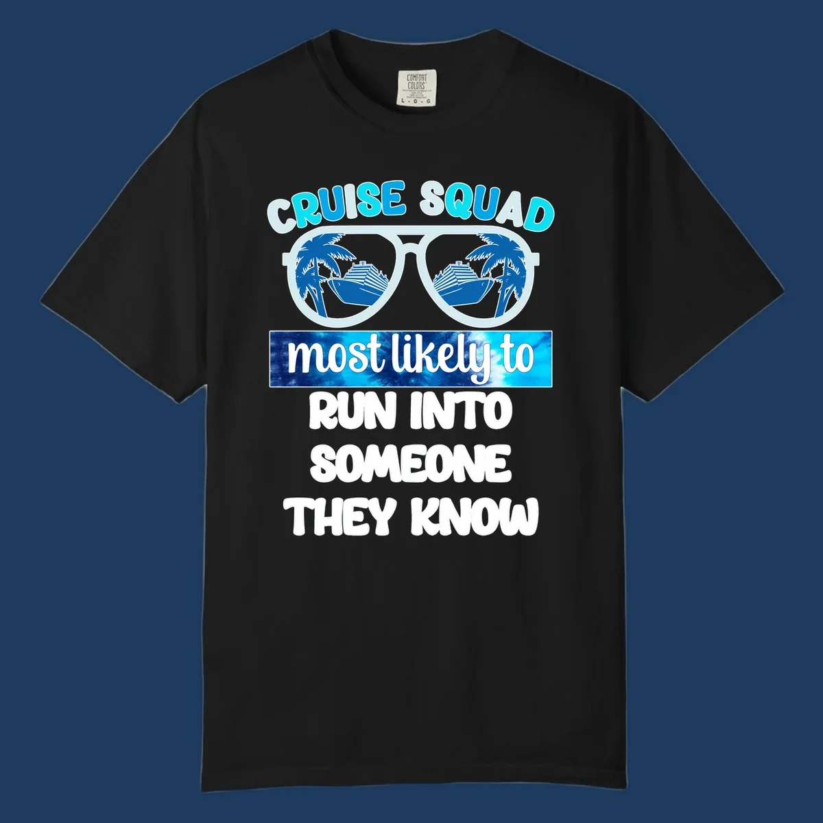 Cruise squad most likely to design with oversized sunglasses reflecting cruise ships and palm trees