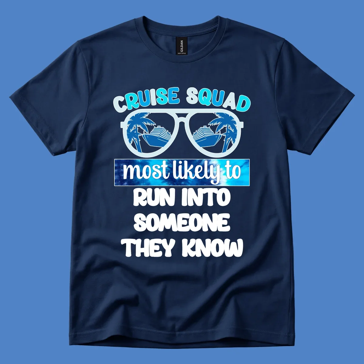 Cruise squad most likely to design with oversized sunglasses reflecting cruise ships and palm trees