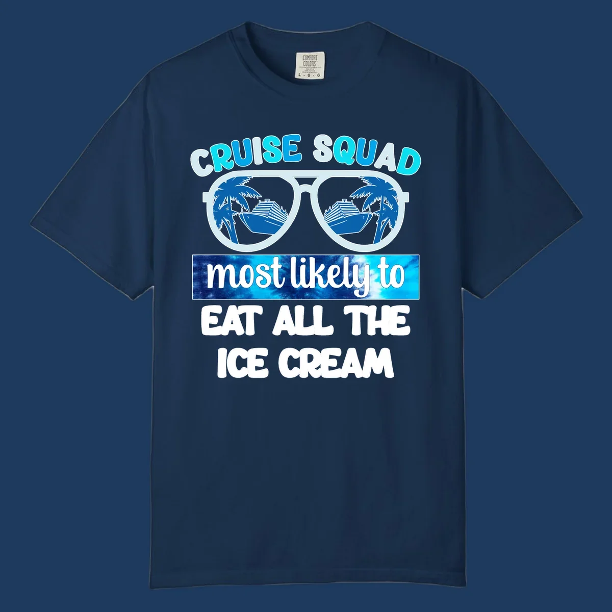 Cruise squad ice cream design with oversized sunglasses reflecting palm trees and a cruise ship, with playful text about eating ice cream.