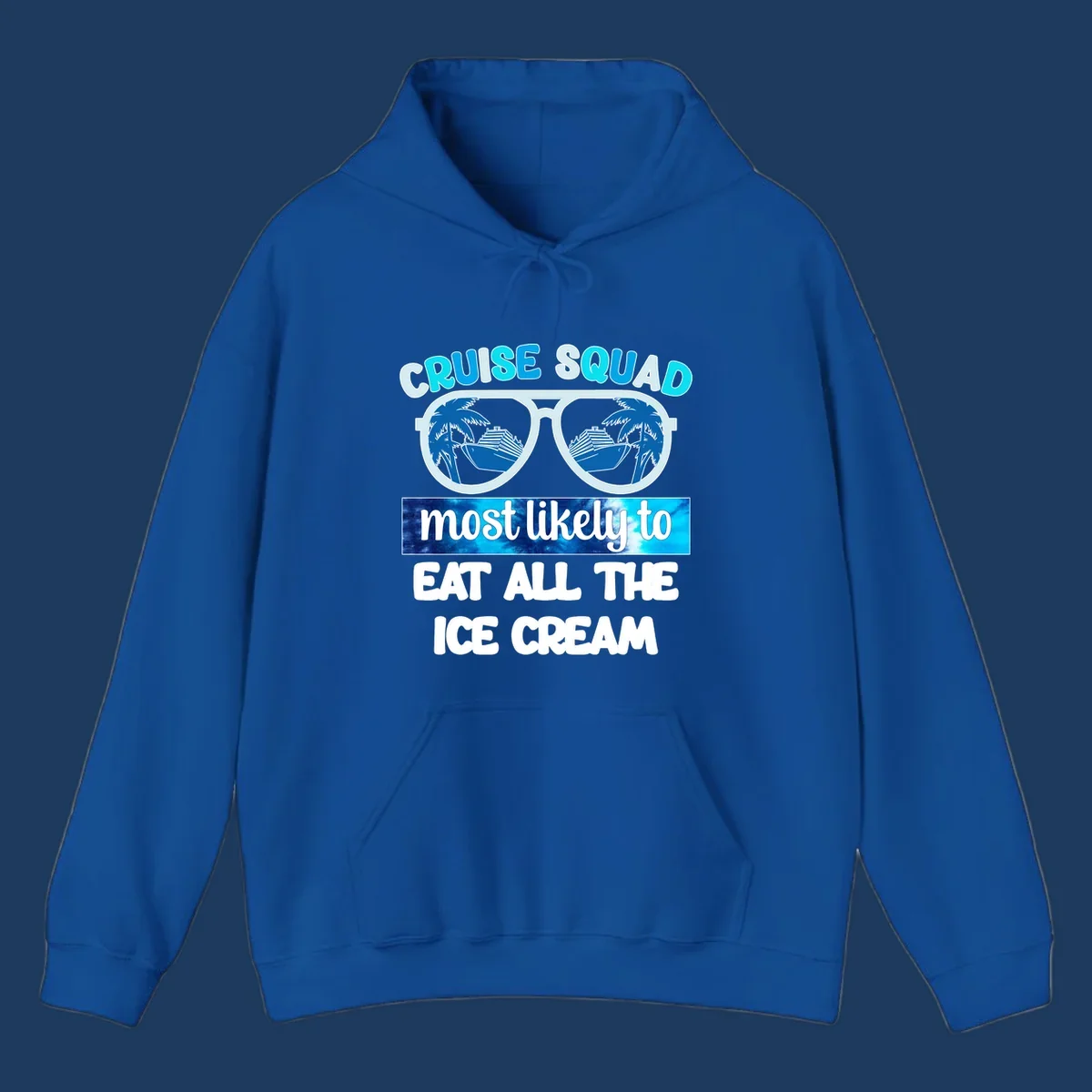 Cruise squad ice cream design with oversized sunglasses reflecting palm trees and a cruise ship, with playful text about eating ice cream.