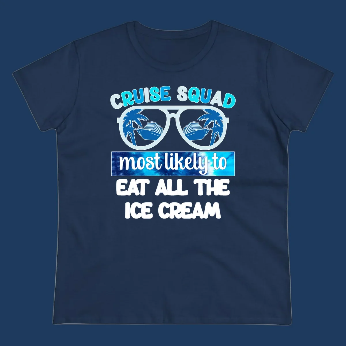 Cruise squad ice cream design with oversized sunglasses reflecting palm trees and a cruise ship, with playful text about eating ice cream.