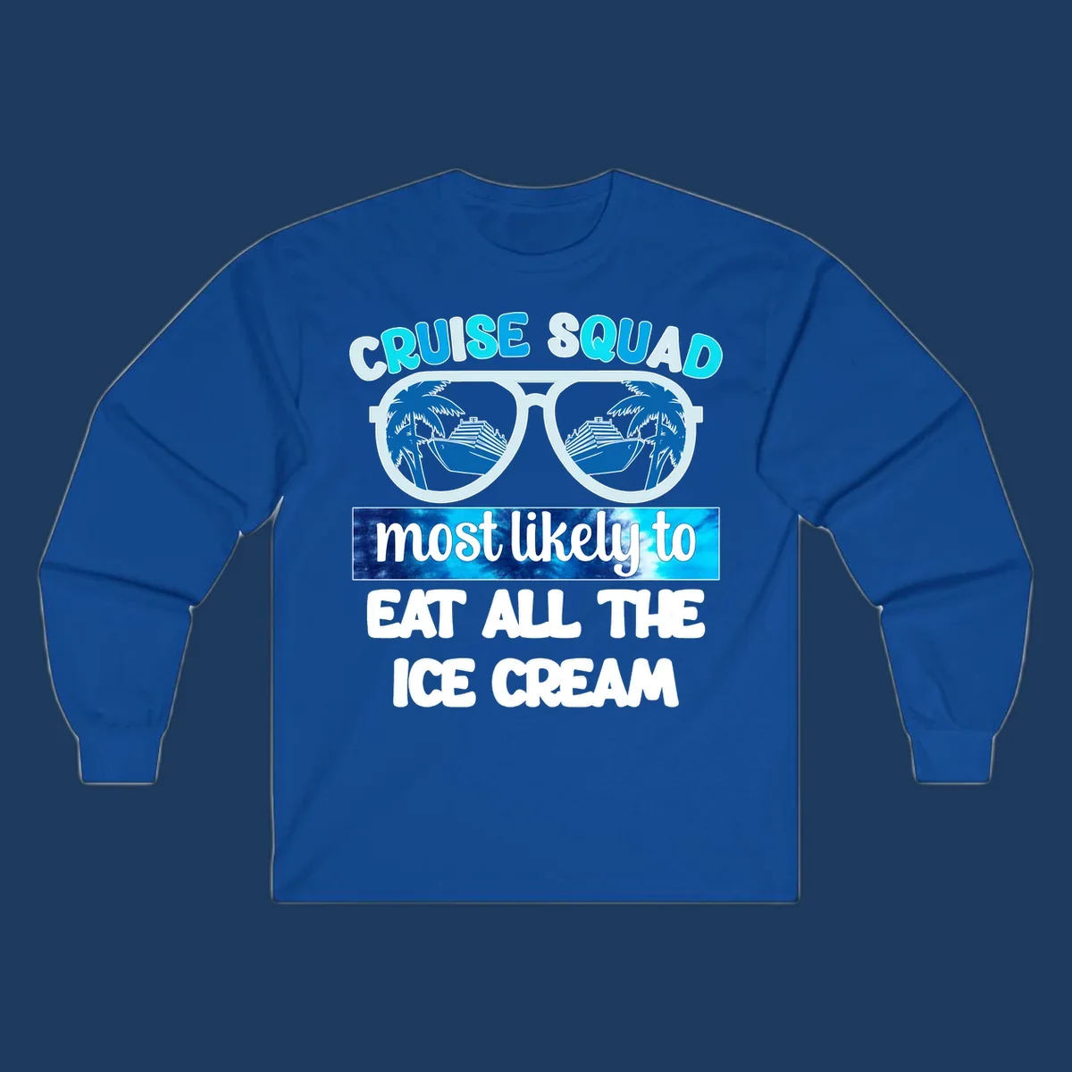 Cruise squad ice cream design with oversized sunglasses reflecting palm trees and a cruise ship, with playful text about eating ice cream.