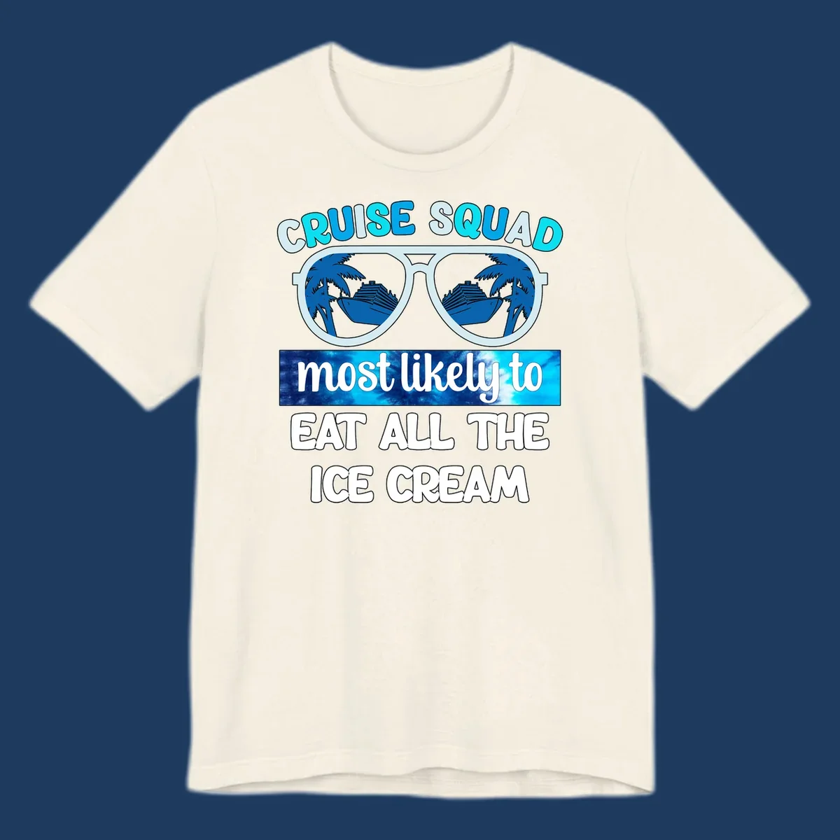Cruise squad ice cream design with oversized sunglasses reflecting palm trees and a cruise ship, with playful text about eating ice cream.