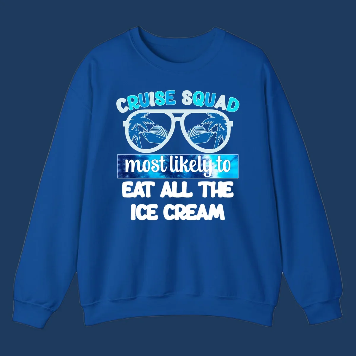 Cruise squad ice cream design with oversized sunglasses reflecting palm trees and a cruise ship, with playful text about eating ice cream.