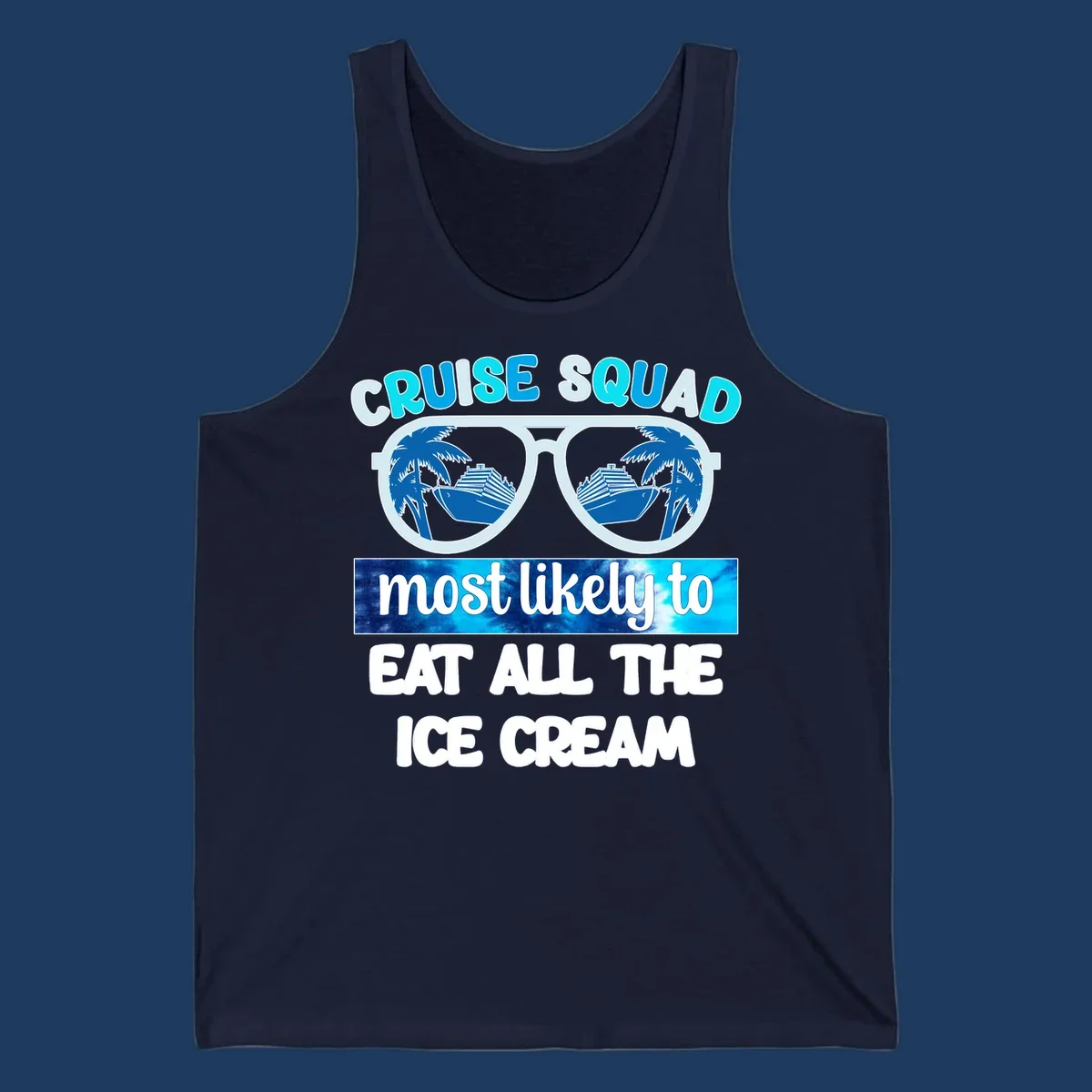 Cruise squad ice cream design with oversized sunglasses reflecting palm trees and a cruise ship, with playful text about eating ice cream.
