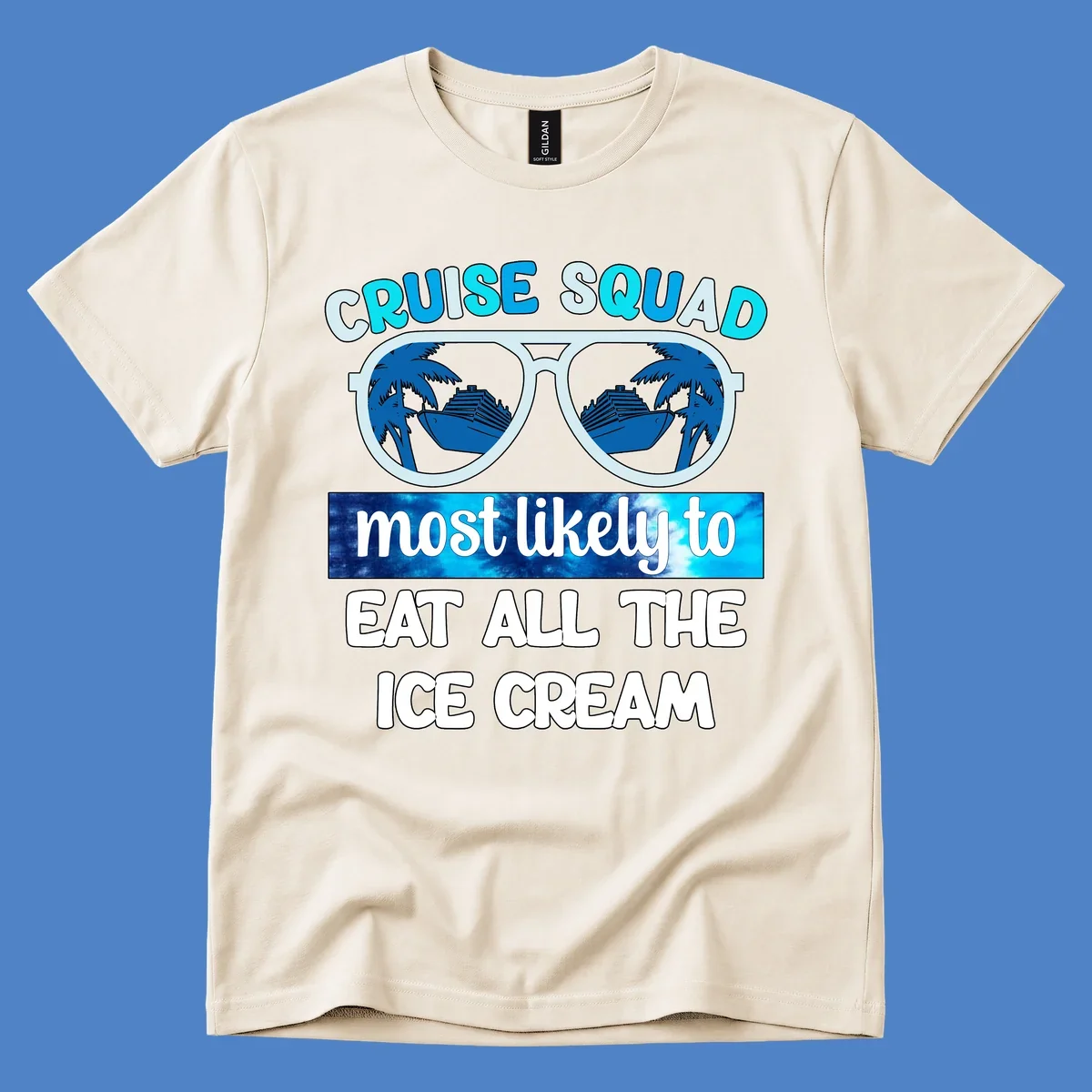Cruise squad ice cream design with oversized sunglasses reflecting palm trees and a cruise ship, with playful text about eating ice cream.