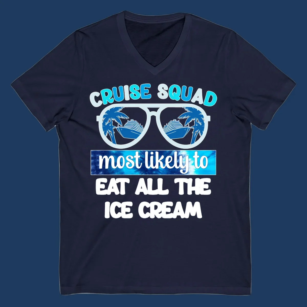 Cruise squad ice cream design with oversized sunglasses reflecting palm trees and a cruise ship, with playful text about eating ice cream.