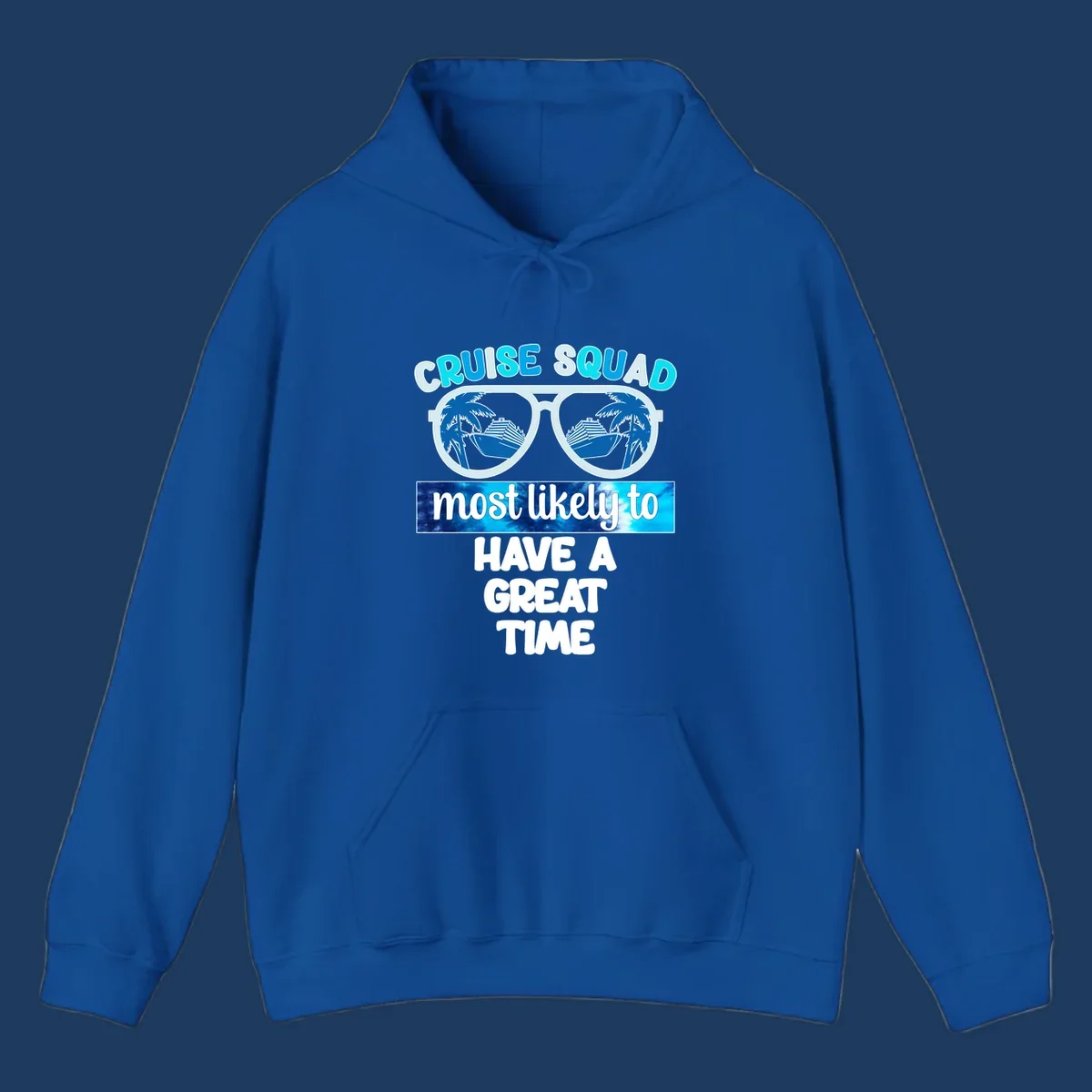 Cruise squad most likely design with oversized sunglasses reflecting palm trees and cruise ships, with bold text