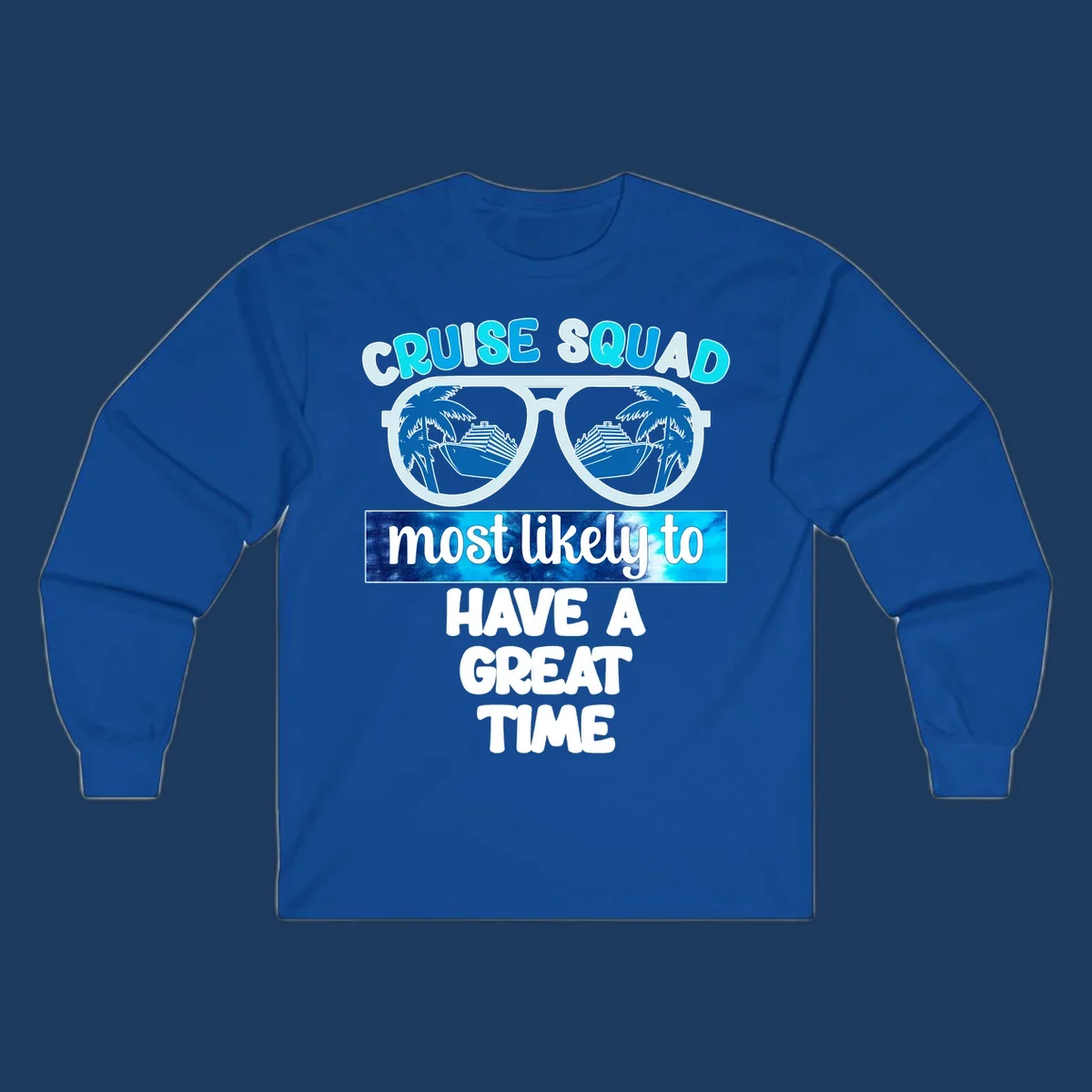 Cruise squad most likely design with oversized sunglasses reflecting palm trees and cruise ships, with bold text