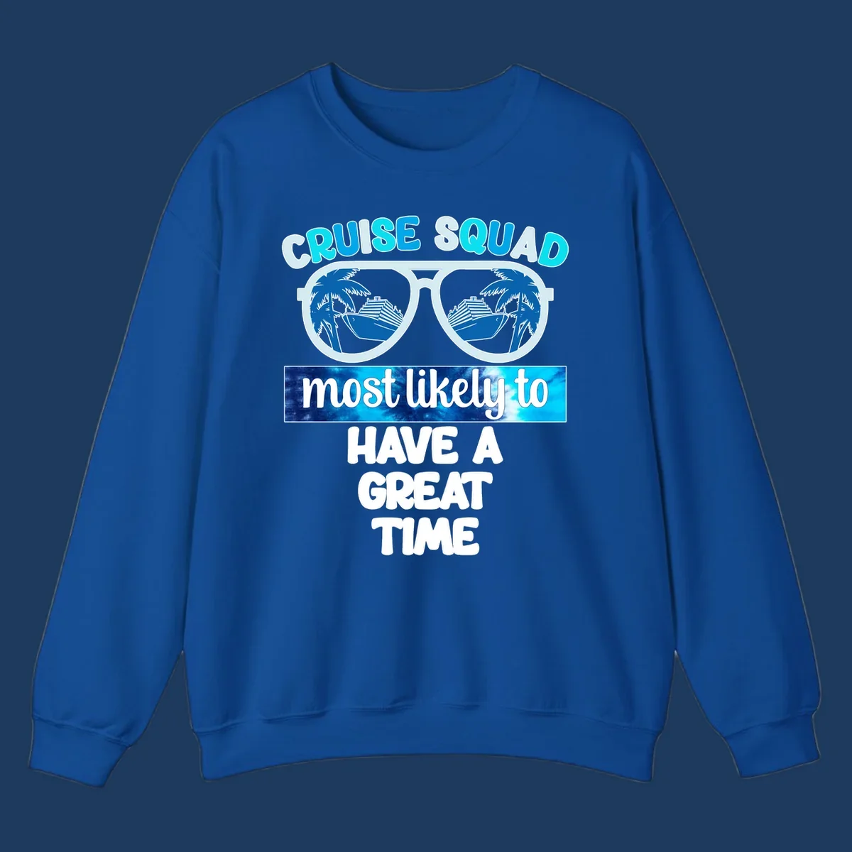 Cruise squad most likely design with oversized sunglasses reflecting palm trees and cruise ships, with bold text