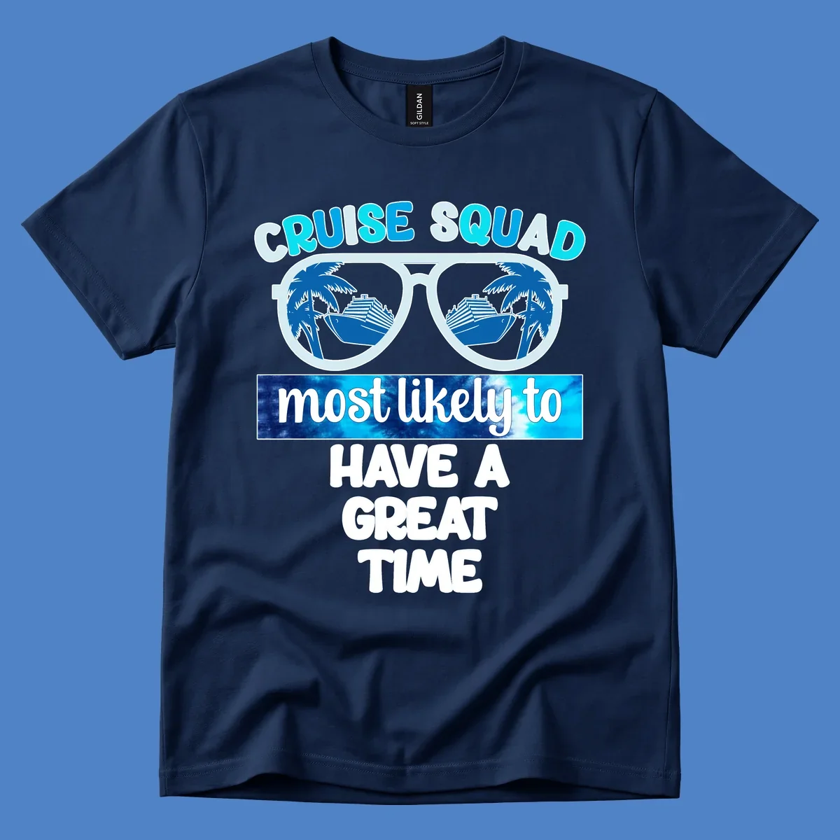 Cruise squad most likely design with oversized sunglasses reflecting palm trees and cruise ships, with bold text