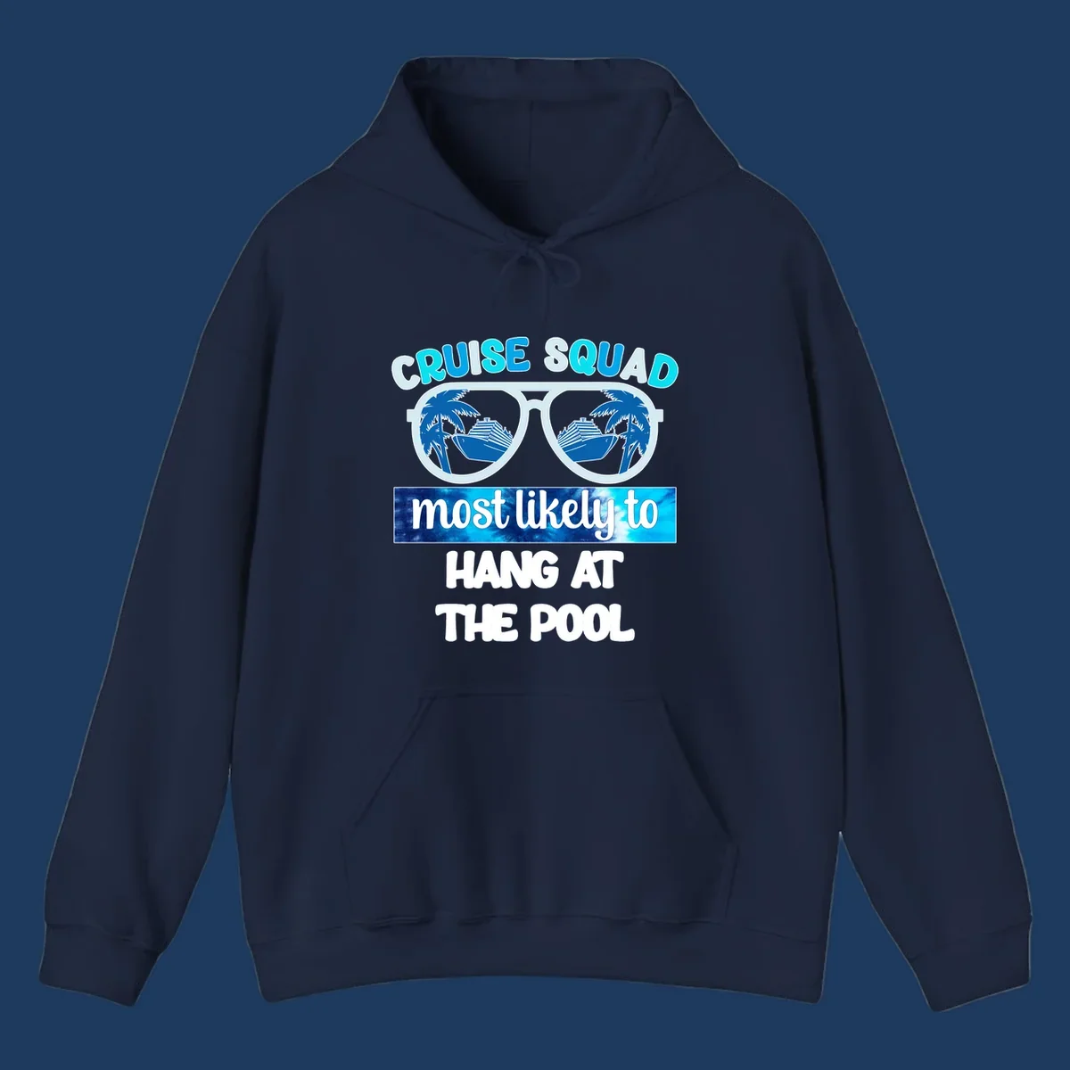 Sunglasses with palm trees and cruise ship reflections, text reads 'Cruise Squad most likely to hang at the pool'
