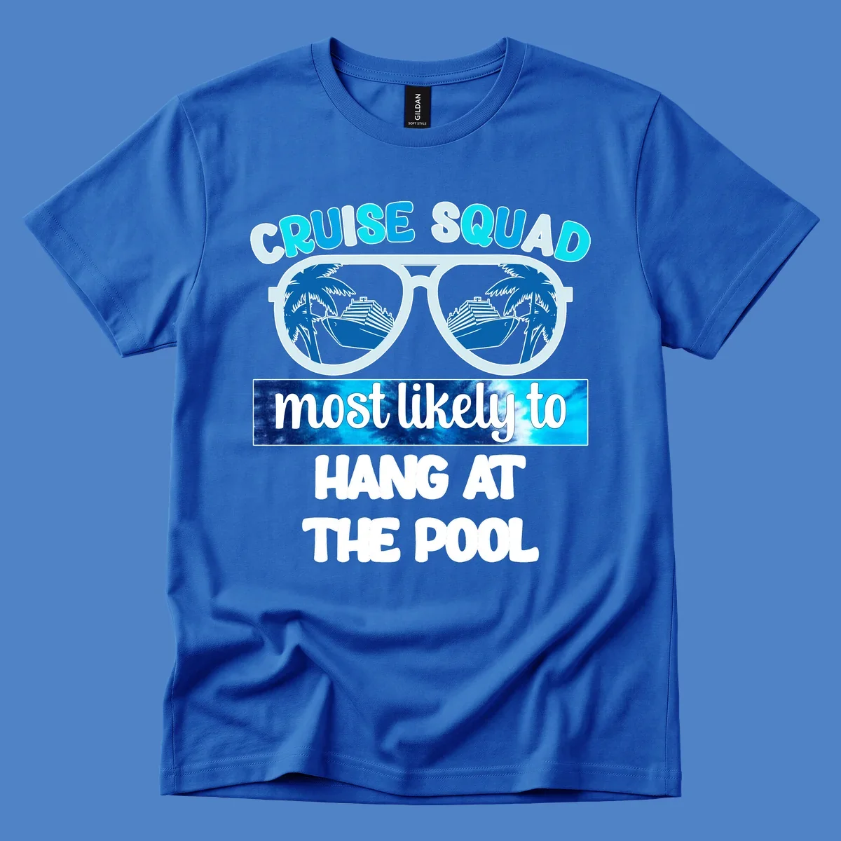 Sunglasses with palm trees and cruise ship reflections, text reads 'Cruise Squad most likely to hang at the pool'