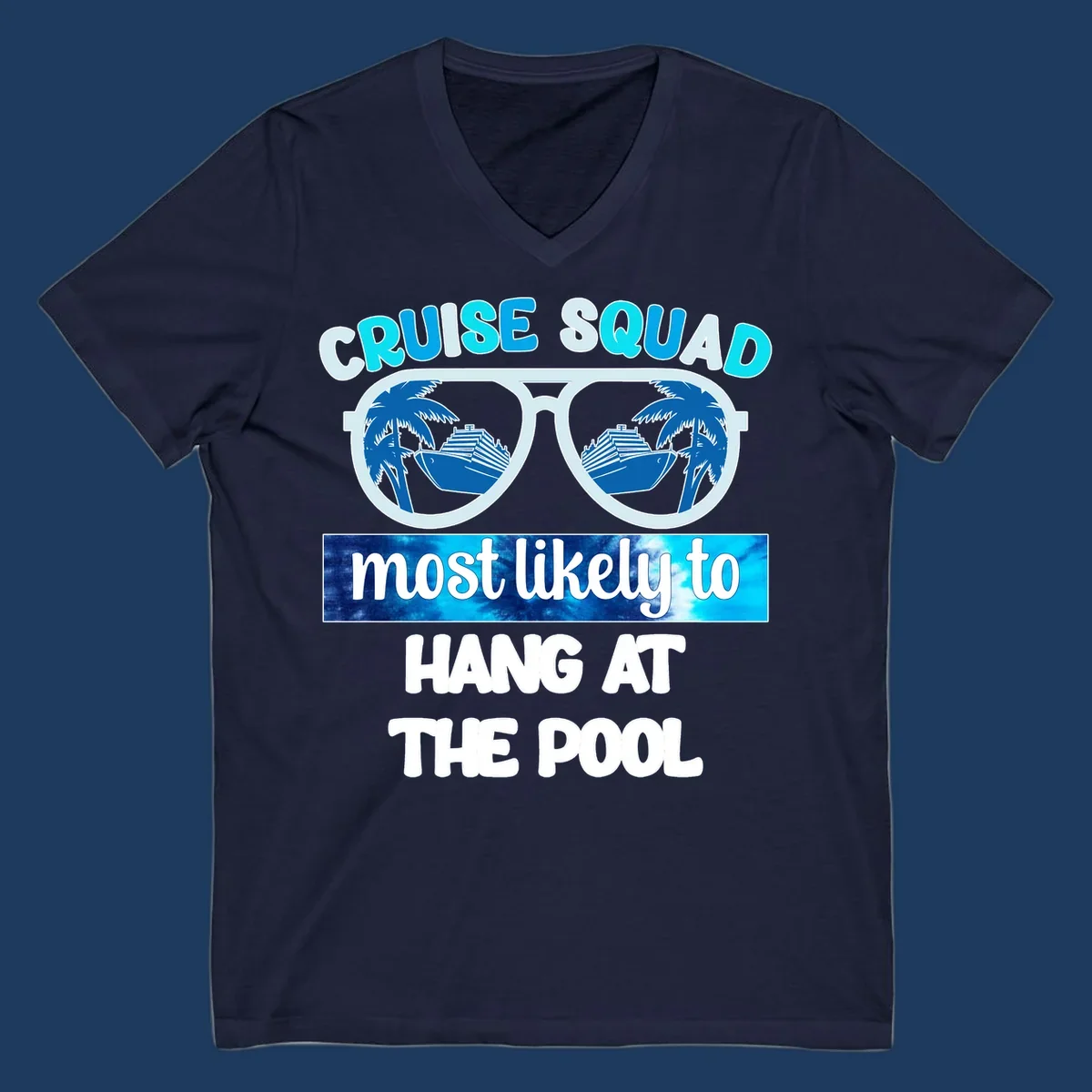 Sunglasses with palm trees and cruise ship reflections, text reads 'Cruise Squad most likely to hang at the pool'