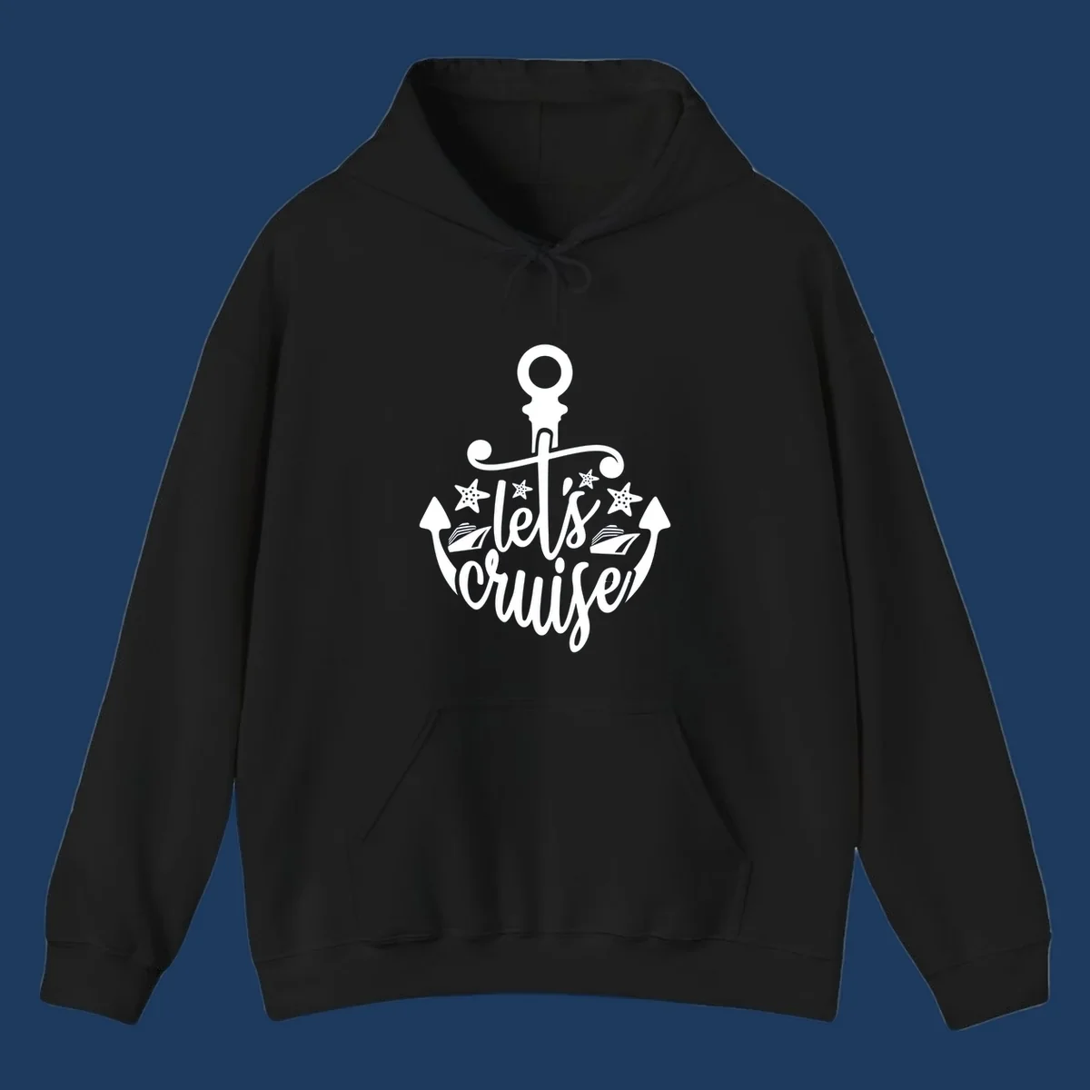 Nautical anchor design with 'Let's Cruise Away' text, starfish, and sailing ships in white on gray background