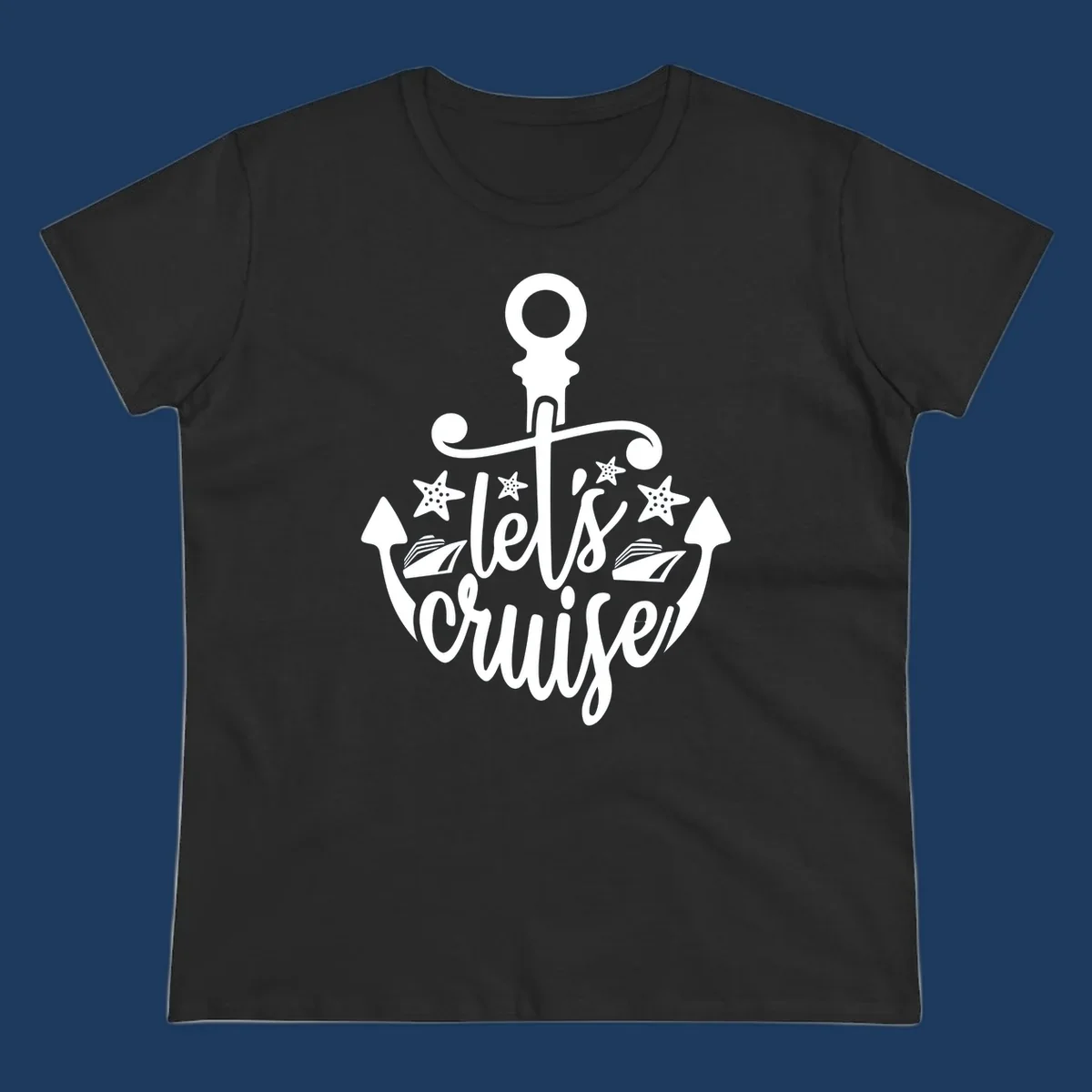 Nautical anchor design with 'Let's Cruise Away' text, starfish, and sailing ships in white on gray background