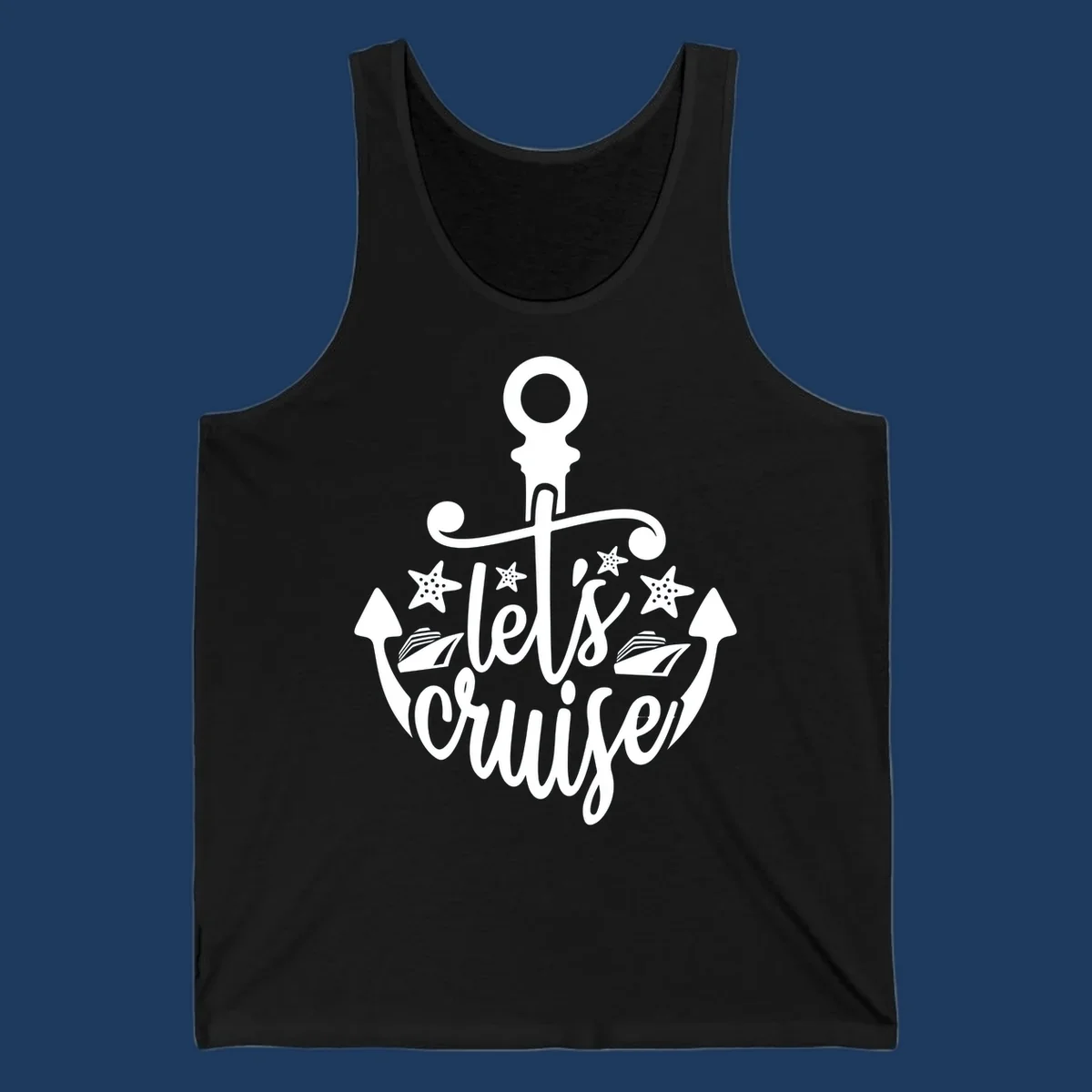 Nautical anchor design with 'Let's Cruise Away' text, starfish, and sailing ships in white on gray background