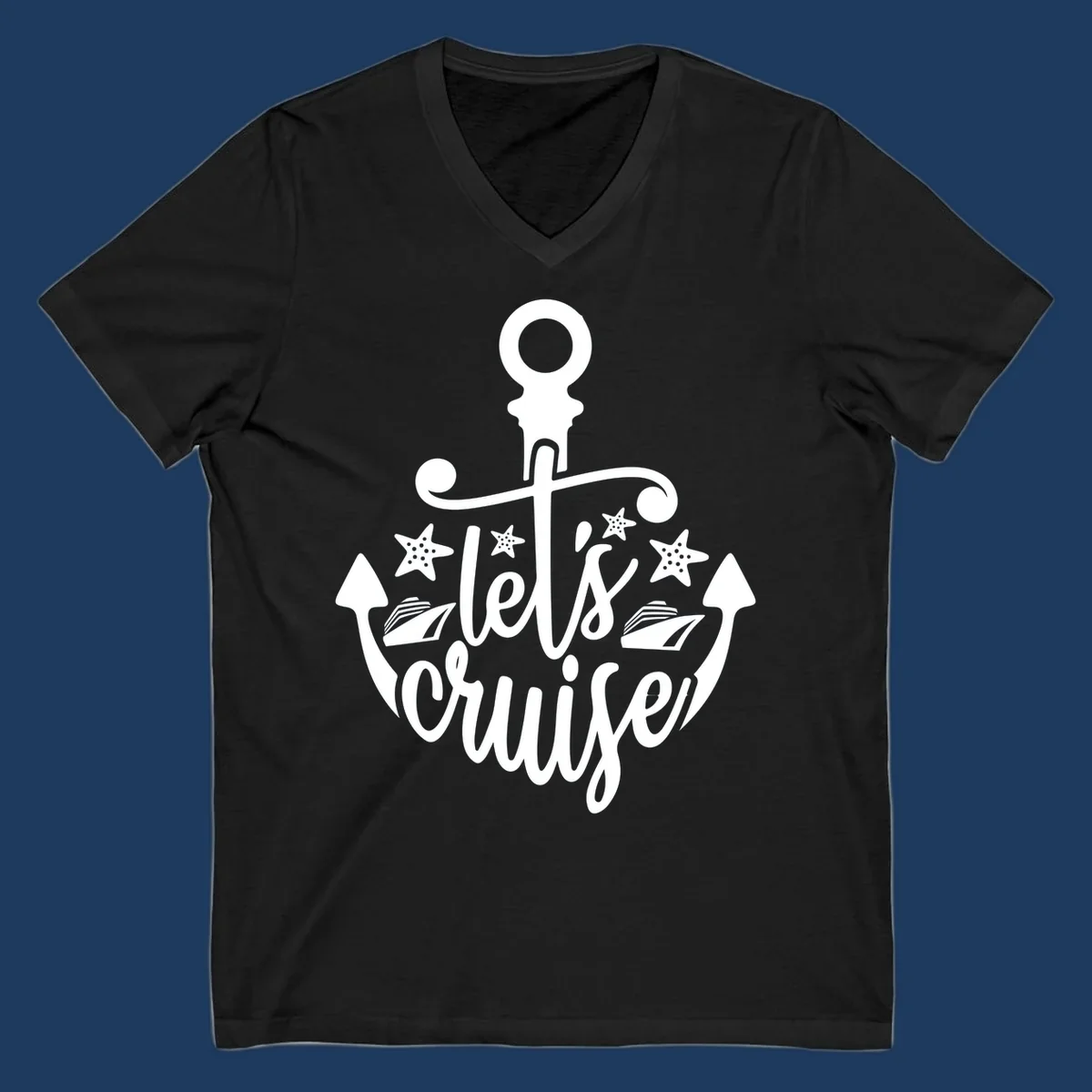 Nautical anchor design with 'Let's Cruise Away' text, starfish, and sailing ships in white on gray background