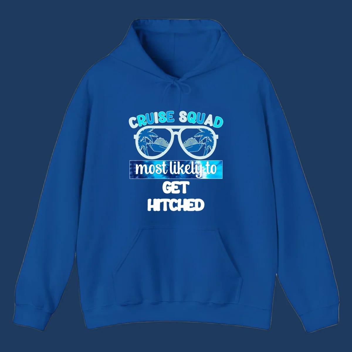 Oversized sunglasses with cruise ships and palm trees, text reads Cruise Squad Most Likely to Get Hitched